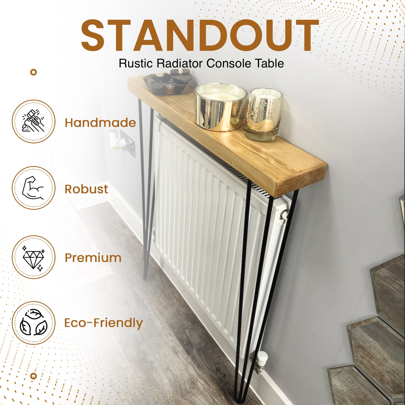 Radiator Shelf | Rustic Slim Narrow Shelf for Hallway | Console With Hairpin Legs