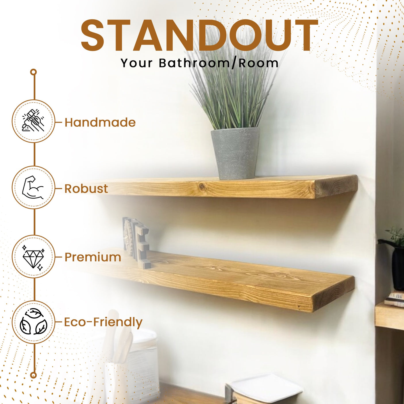 Rustic Shelves | Wall-Mounted Wooden Board With Floating Brackets, 22cm Depth