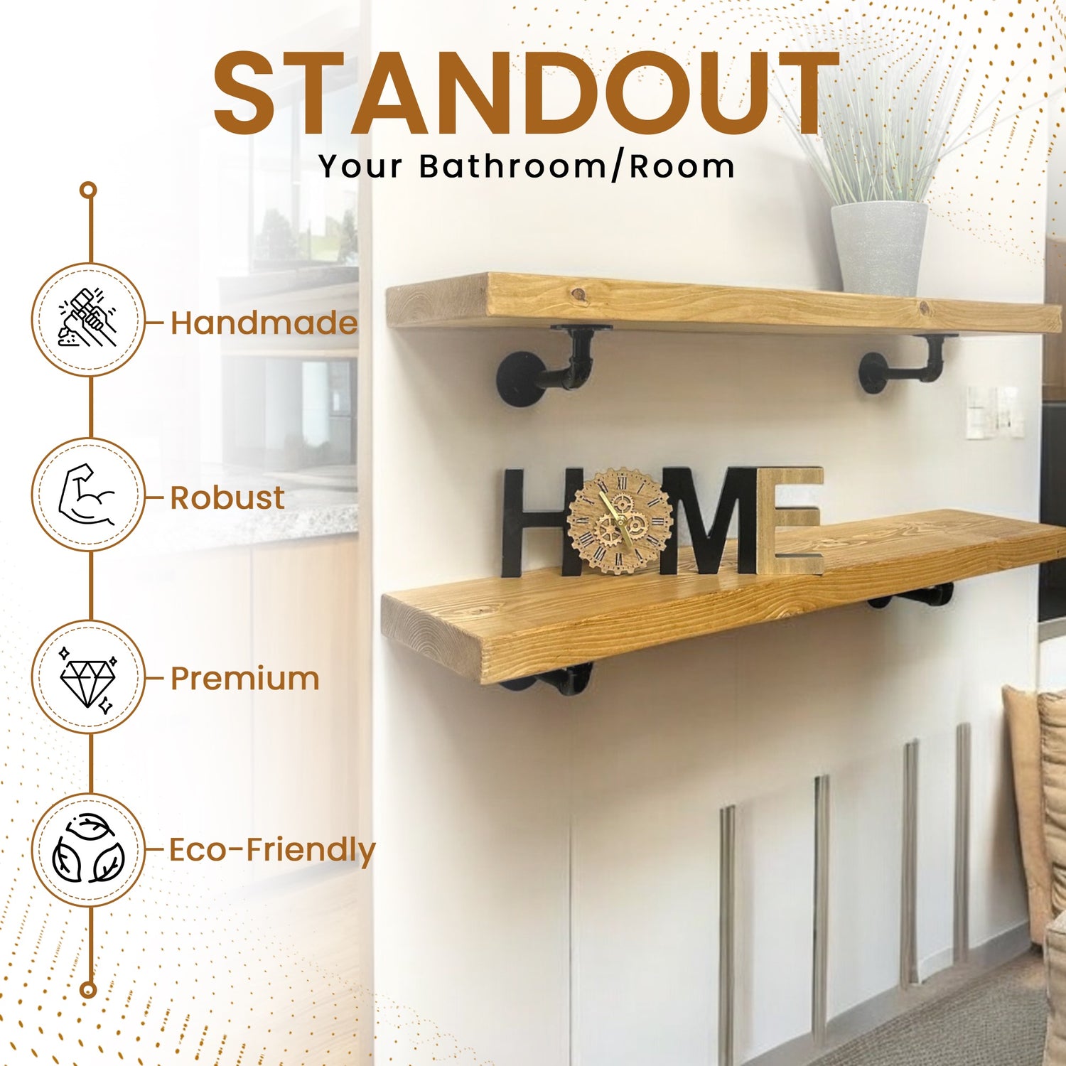 Set of 2 Rustic Shelves | Wall-Mounted Wooden Board With PIPE Brackets, 22cm Depth