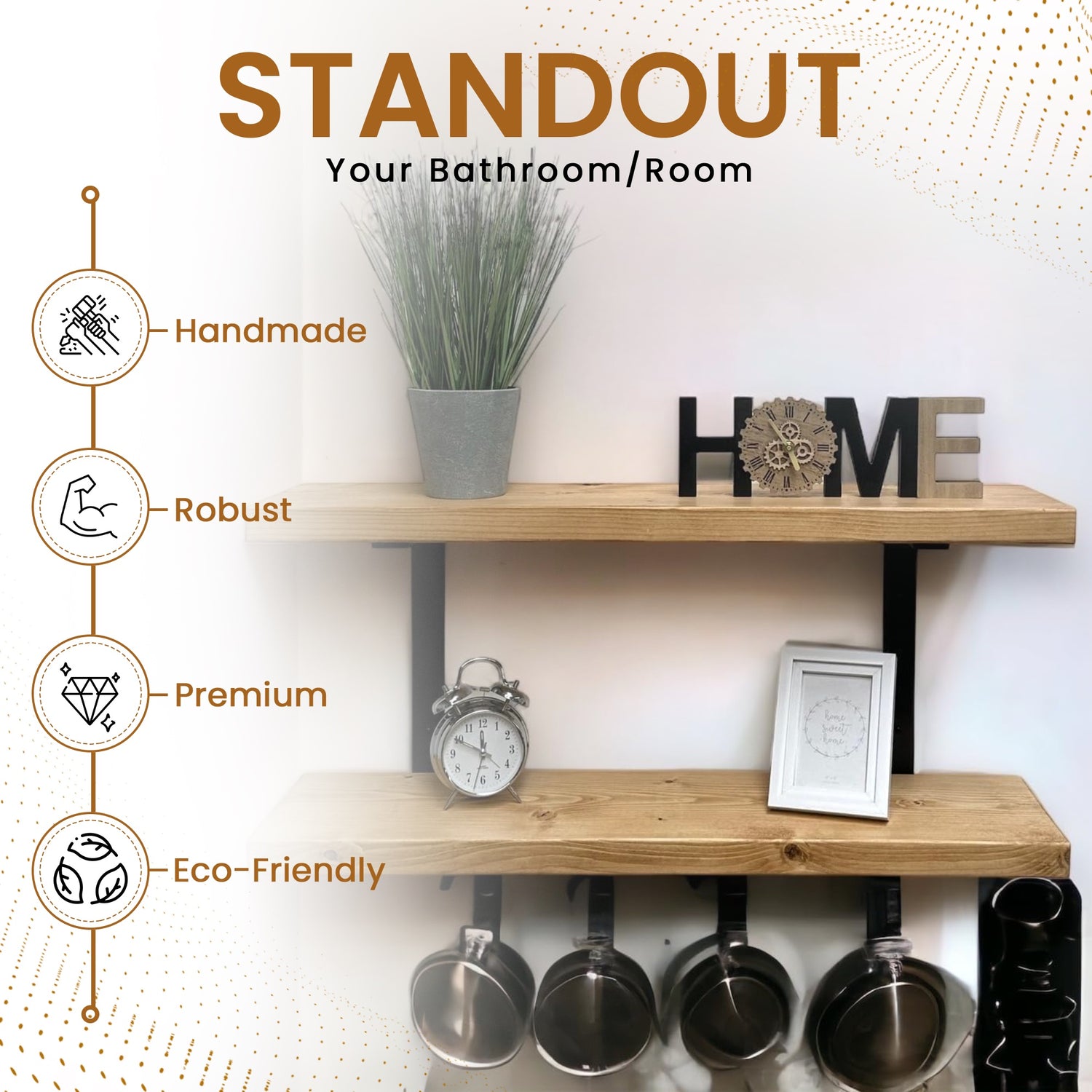 Set of 2 Rustic Shelves | Wall-Mounted Wooden Board With Double Brackets, 22cm Depth