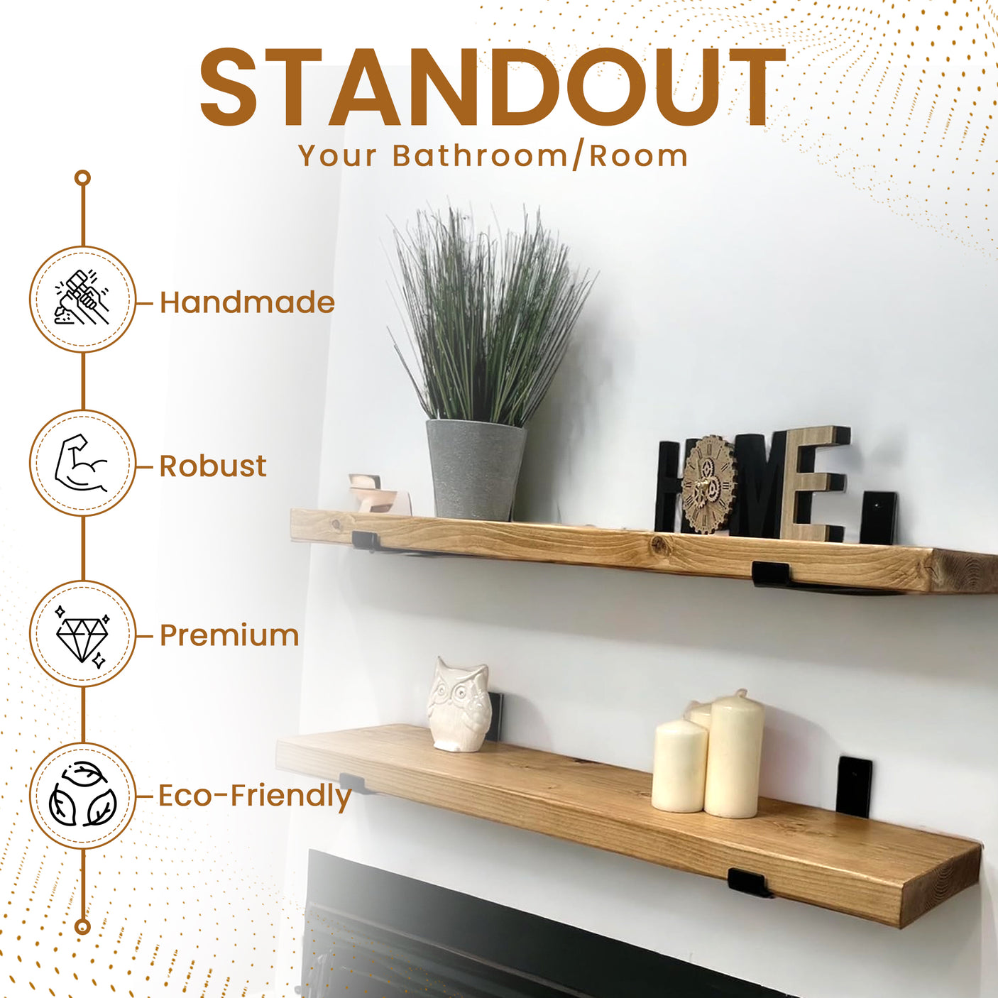 Rustic Shelf | Wall-Mounted Wooden Board With UP Brackets, 22cm Depth