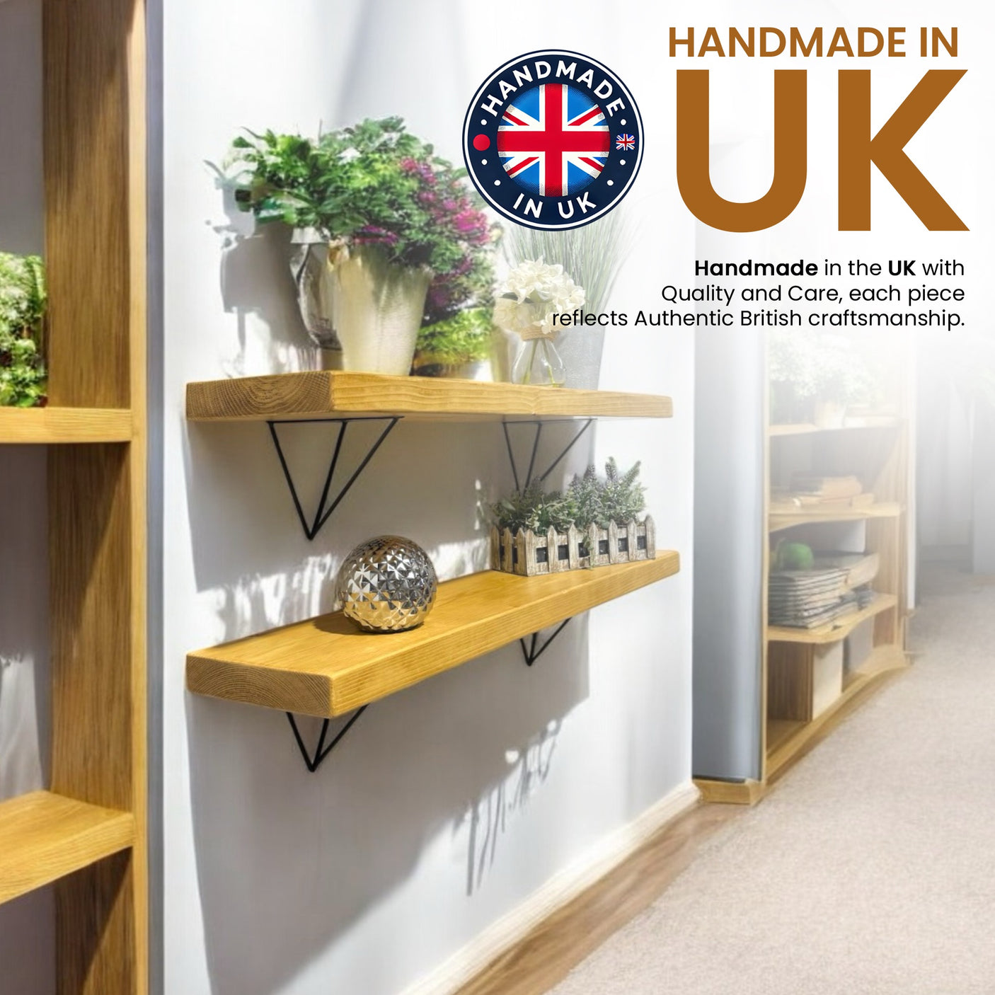 Rustic Shelves | Wall-Mounted Wooden Board With Hairpin Brackets, 22cm Depth