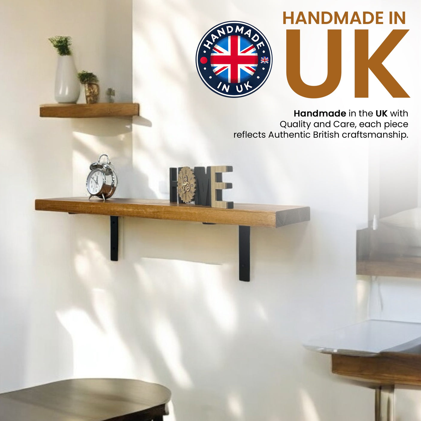 Chunky Rustic Shelf | Wooden Wall Scaffold with Non-Lipped Black Metal Brackets