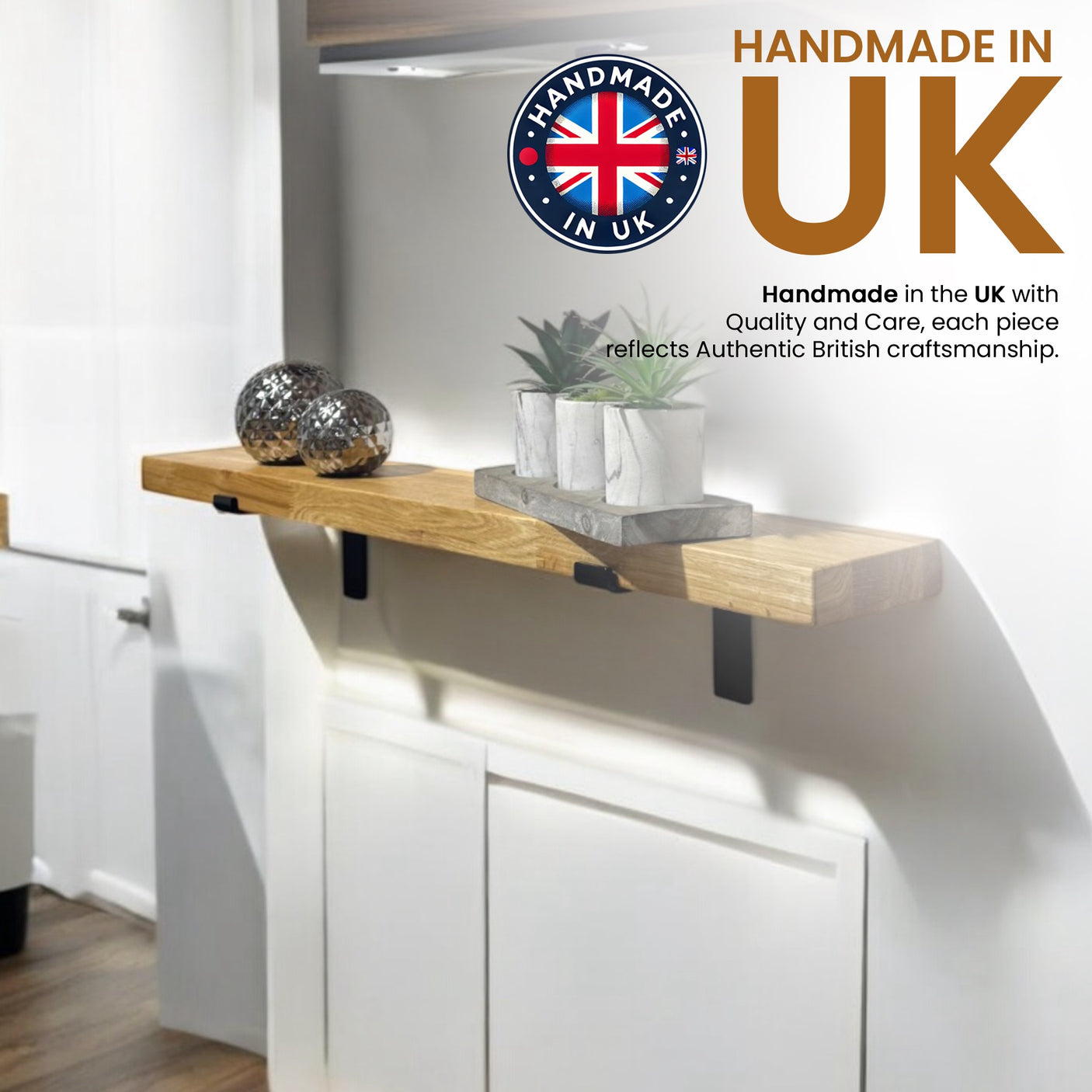 Oak Wooden Shelf Wall-Mounted Floating Rustic, 40mm with Down Brackets