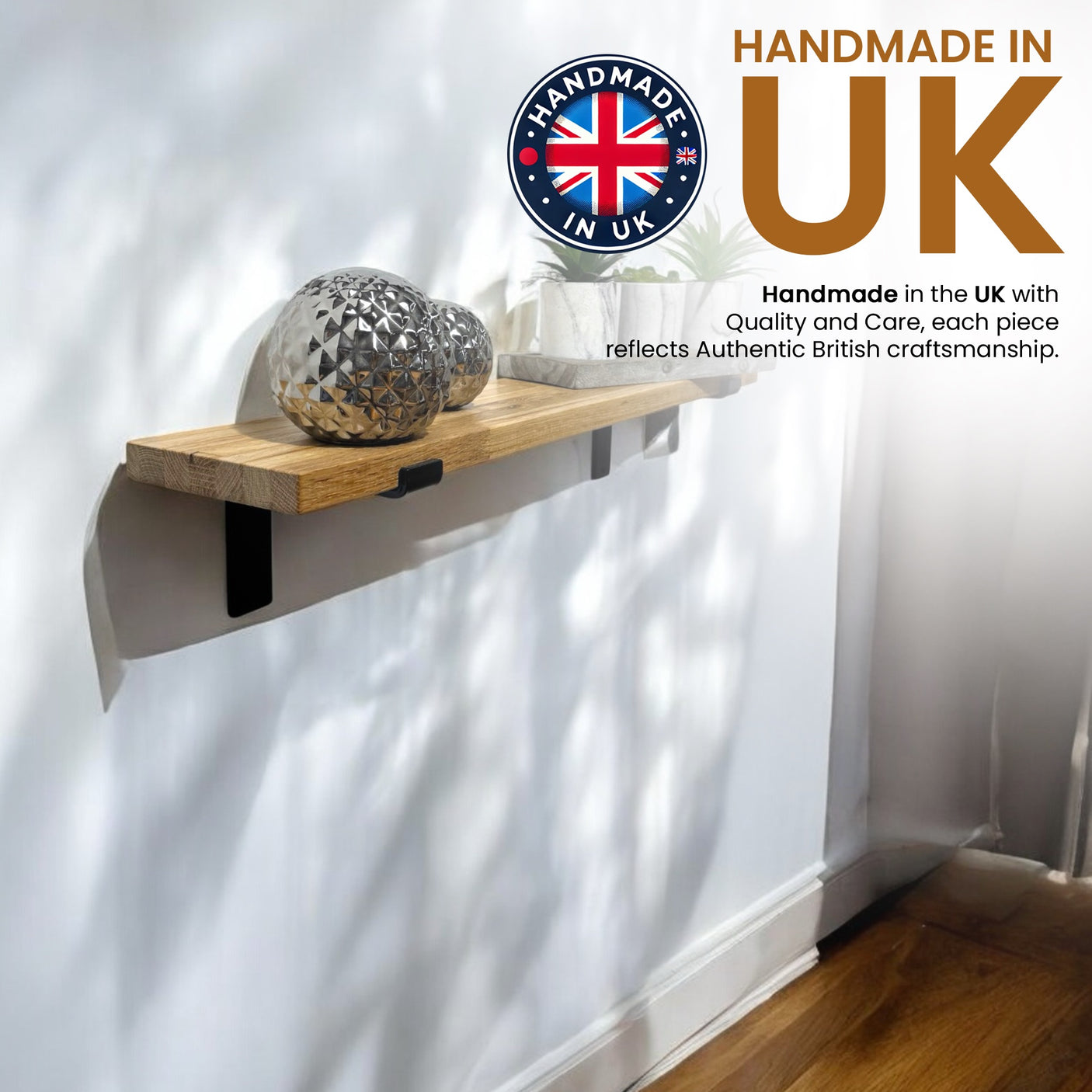 Oak Wooden Shelf Wall-Mounted Floating Rustic, 22mm with Down Brackets