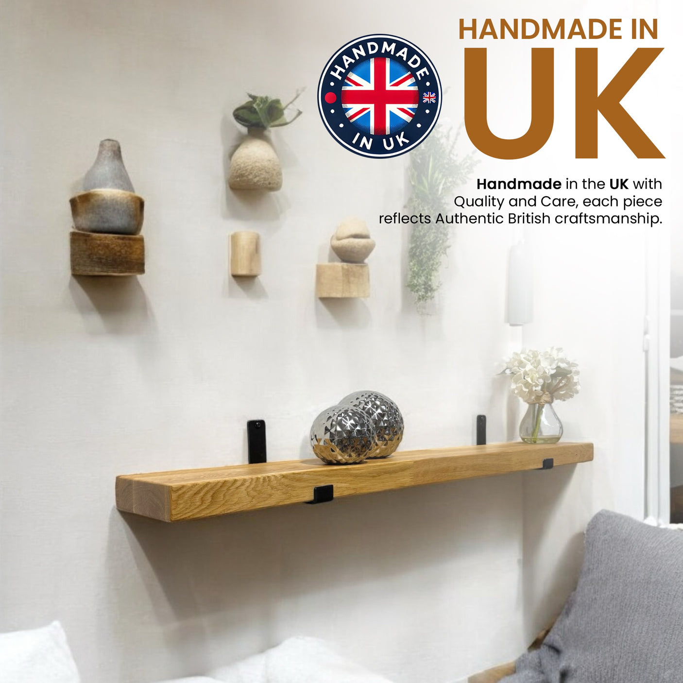 Oak Wooden Shelf Wall-Mounted Floating Rustic, 40mm with UP Brackets