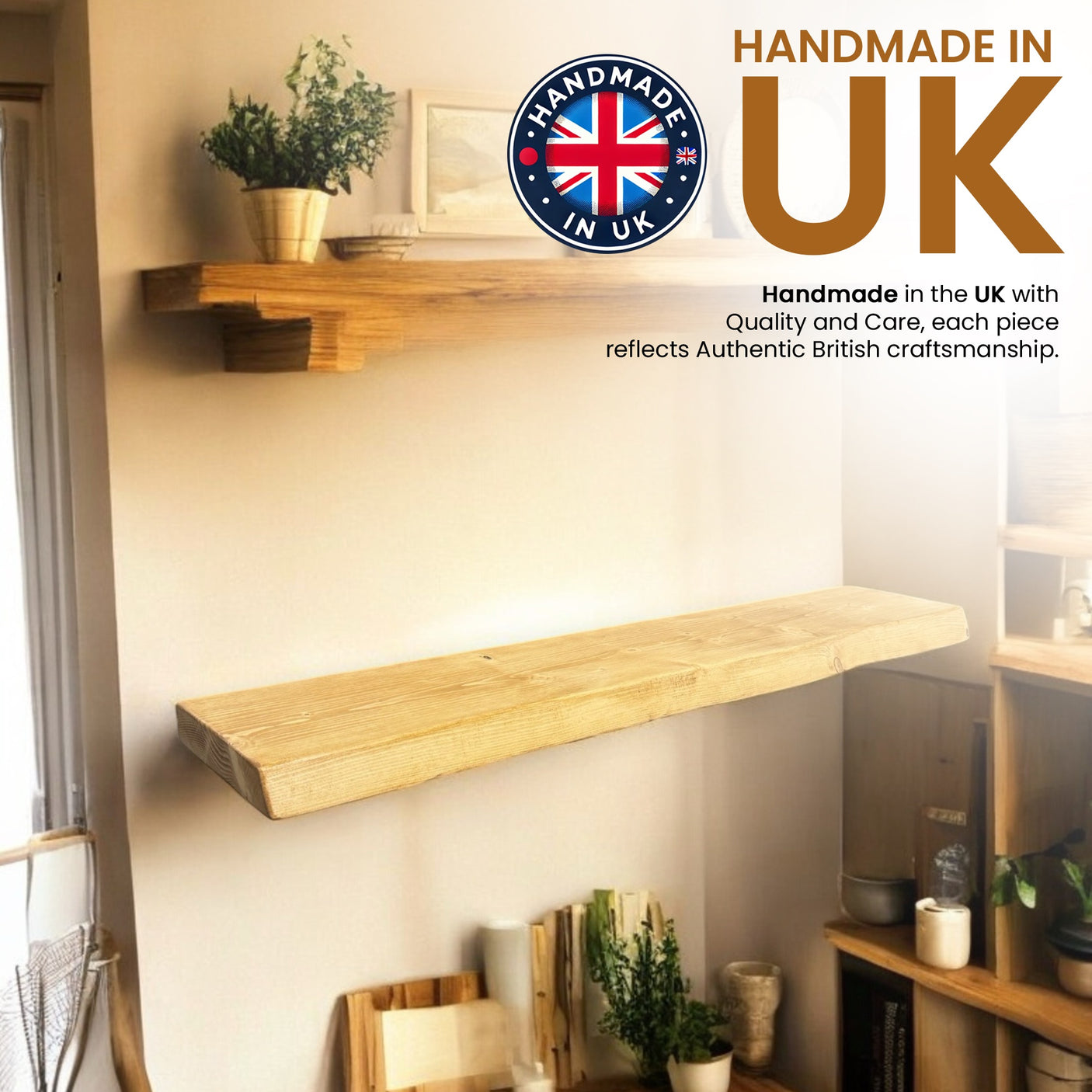 Rustic Shelf Live Edge | Wall-Mounted Wooden Board With Floating Brackets, 22cm Depth