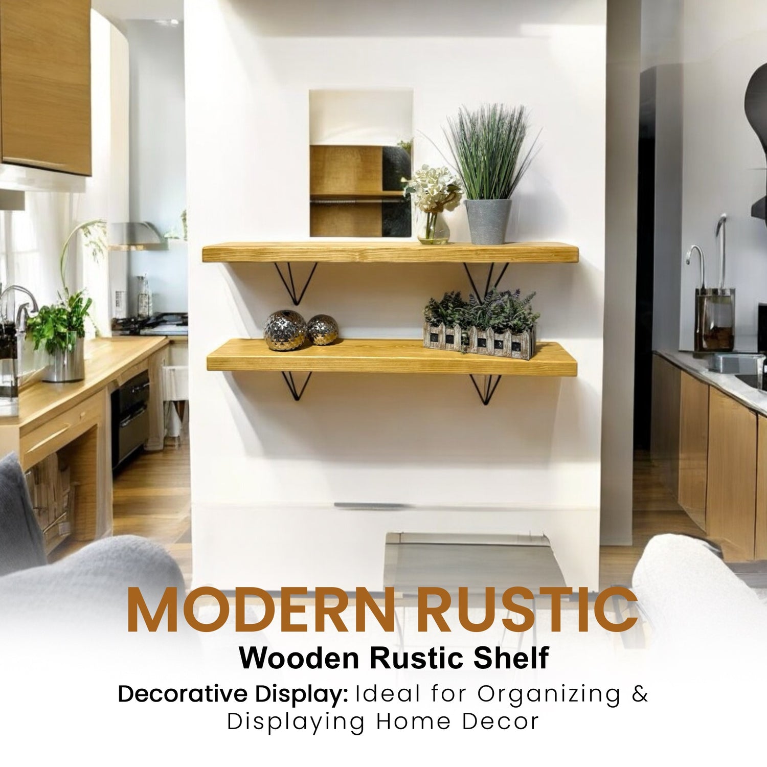 Set of 2 Rustic Shelves | Wall-Mounted Wooden Board With Hairpin Brackets, 22cm Depth