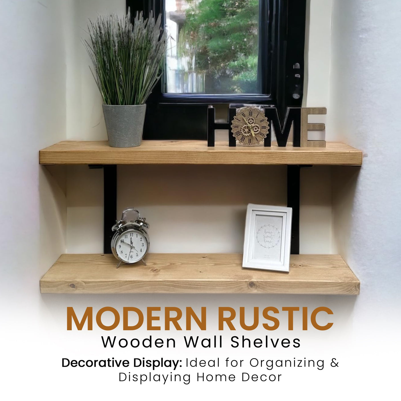 Rustic Shelves | Wall-Mounted Wooden Board With Double Brackets, 22cm Depth