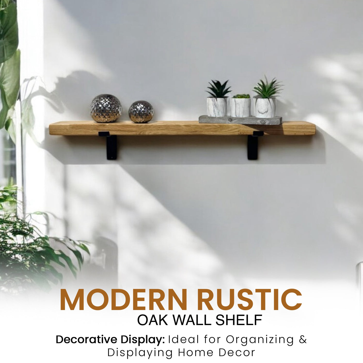 Oak Wooden Shelf Wall-Mounted Floating Rustic, 40mm with Down Brackets