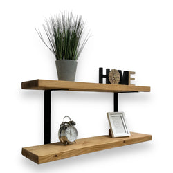 Rustic Dual Wooden Wall Shelves with Black L-Bracket Supports, Perfect for Kitchen Decor DS01