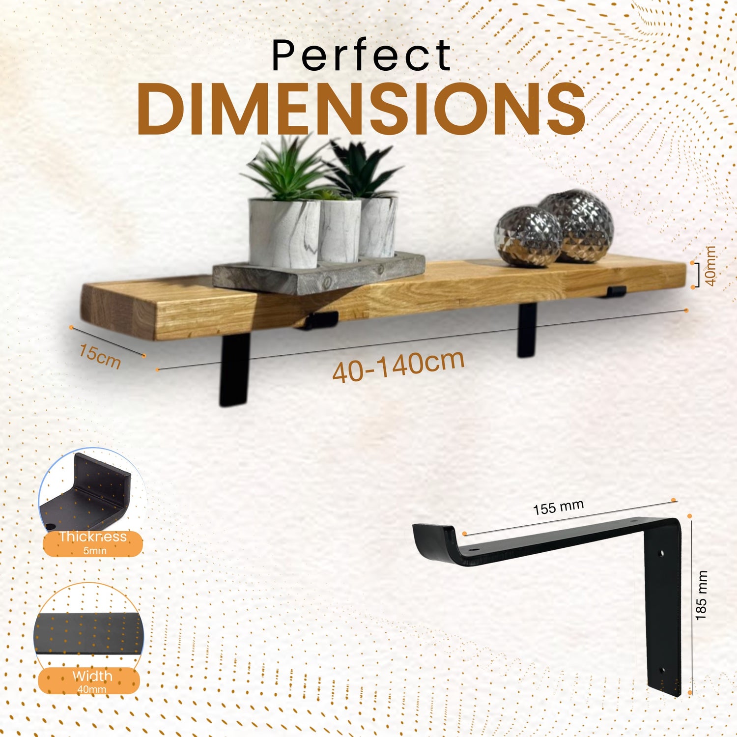 Oak Wooden Shelf Wall-Mounted Floating Rustic, 40mm with Down Brackets