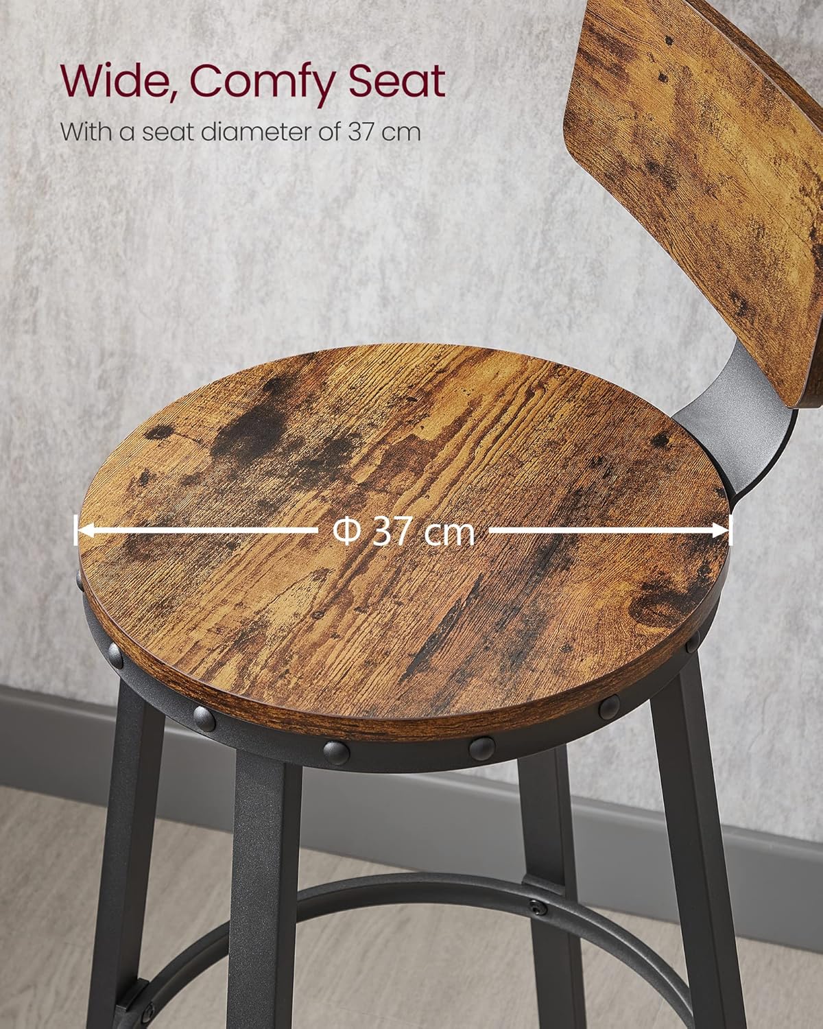 Bar Stool with Backs – Rustic Kitchen & Breakfast Bar Chair with Backrest & Steel Frame 73cm Tall