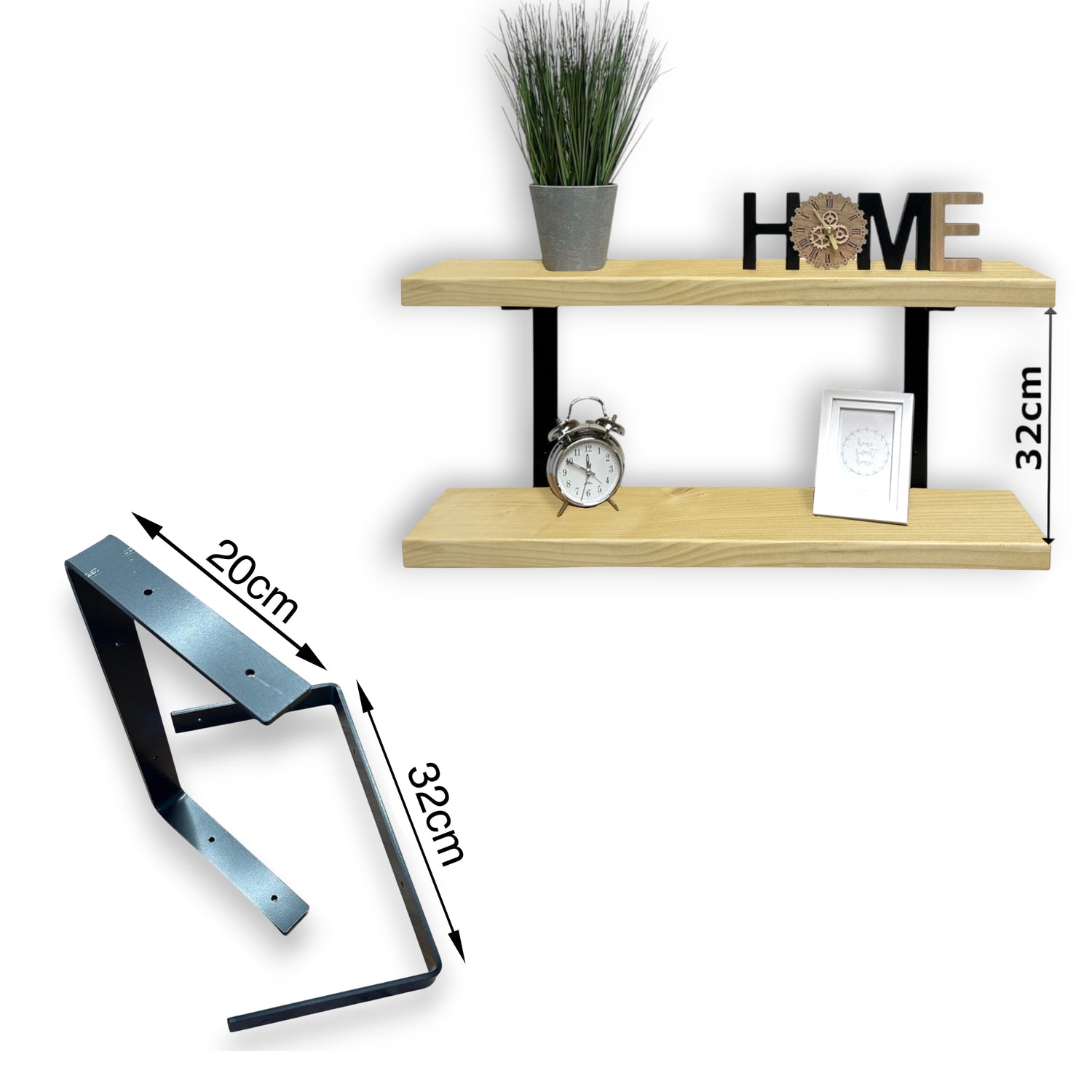 Set of 2 Rustic Shelves | Wall-Mounted Wooden Board With Double Brackets, 22cm Depth