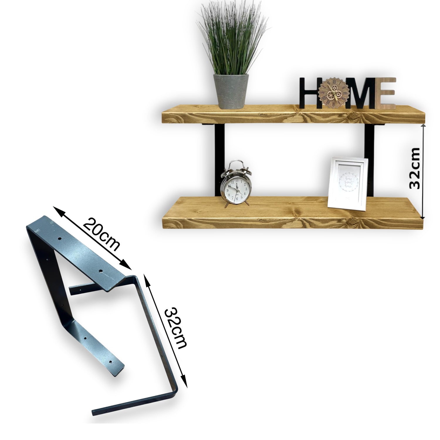 Set of 2 Rustic Shelves | Wall-Mounted Wooden Board With Double Brackets, 22cm Depth