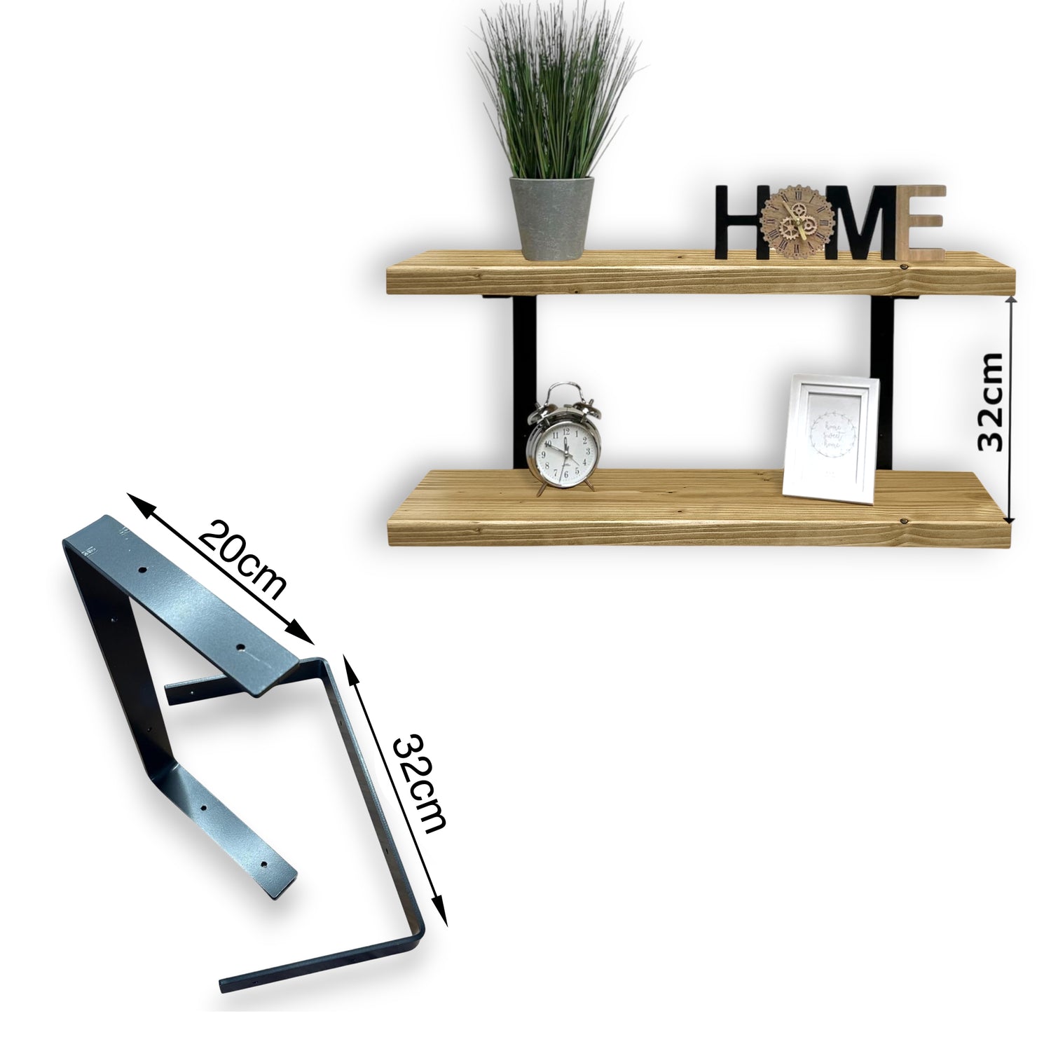 Set of 2 Rustic Shelves | Wall-Mounted Wooden Board With Double Brackets, 22cm Depth