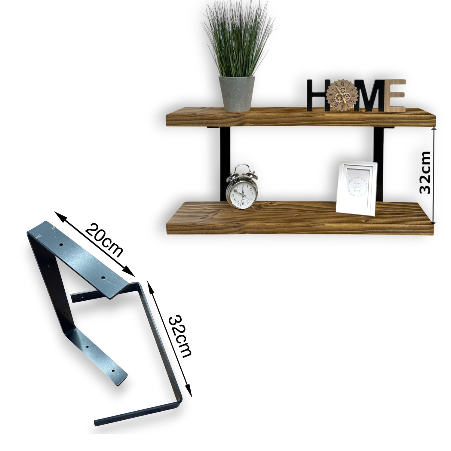 Set of 2 Rustic Shelves | Wall-Mounted Wooden Board With Double Brackets, 22cm Depth