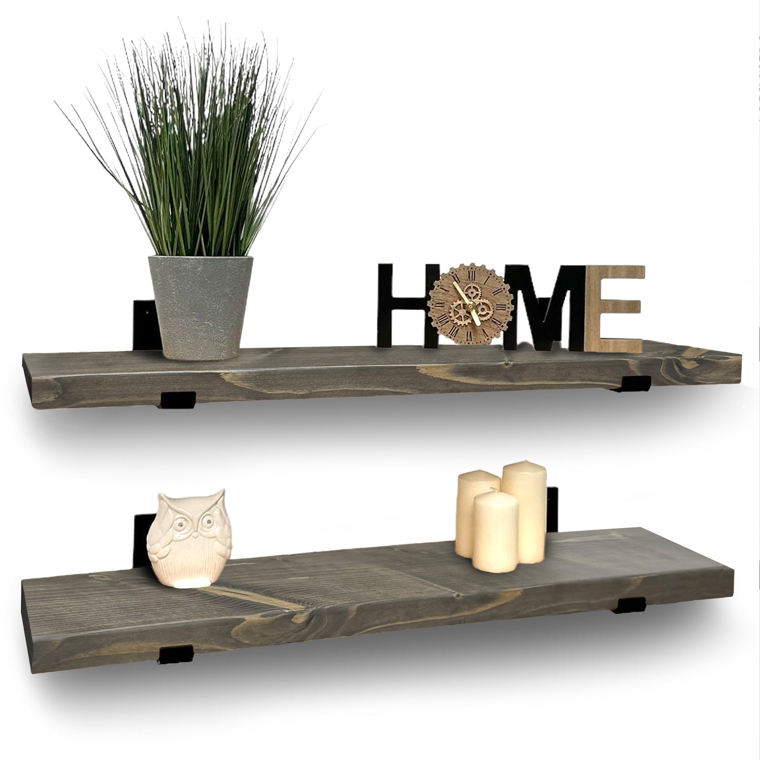 Set of 2 Rustic Shelves | Wall-Mounted Wooden Board With Lipped UP Brackets, 22cm Depth