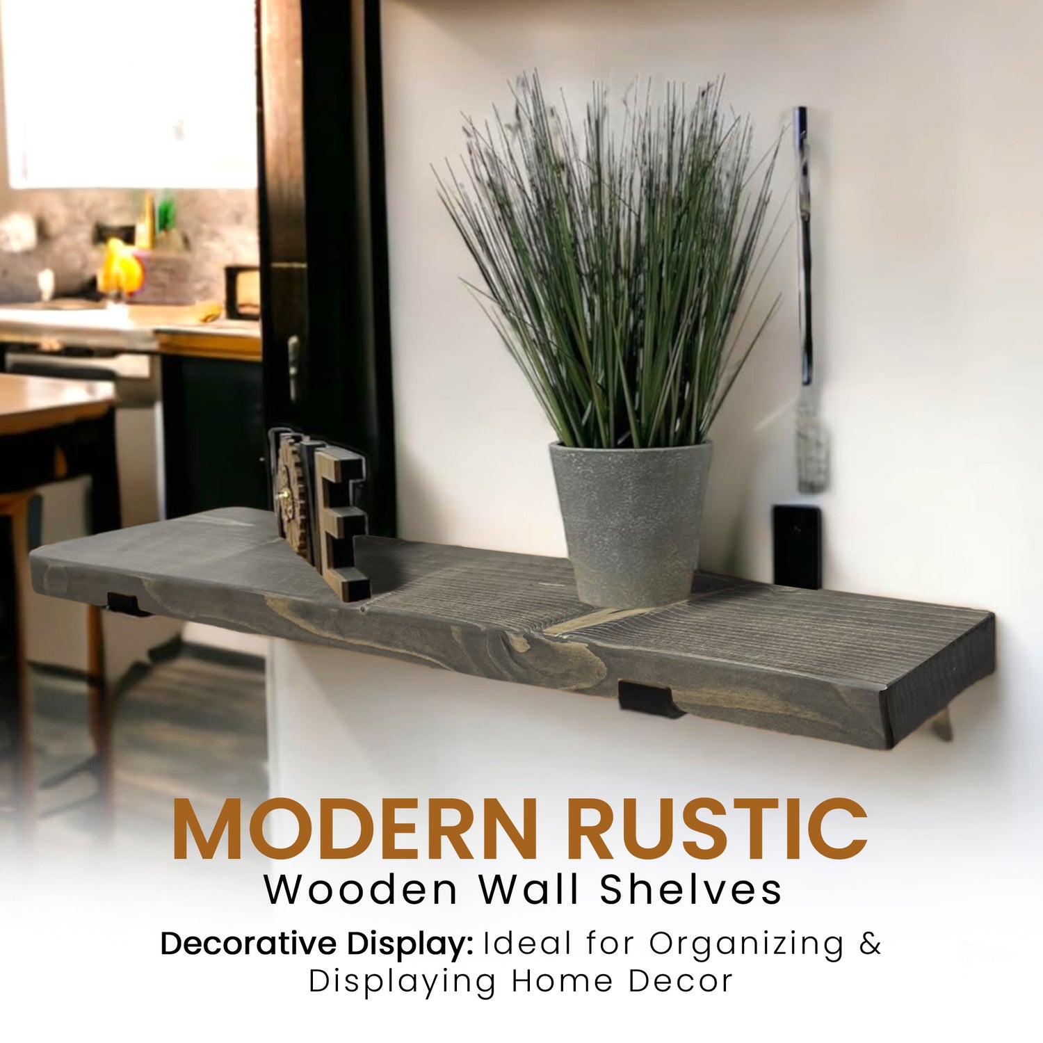 Set of 2 Rustic Shelves | Wall-Mounted Wooden Board With Lipped UP Brackets, 22cm Depth