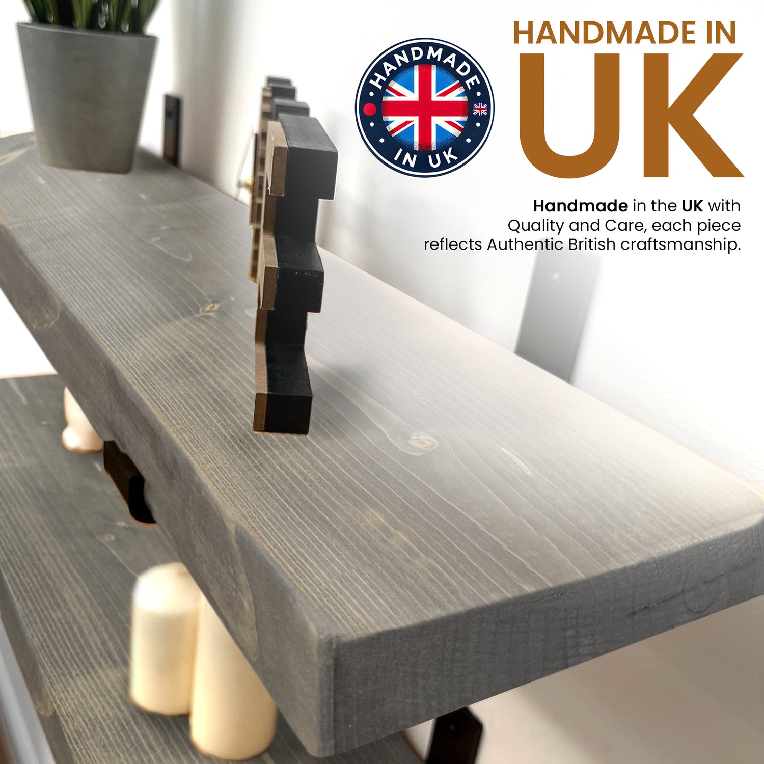 Set of 2 Rustic Shelves | Wall-Mounted Wooden Board With Lipped UP Brackets, 22cm Depth