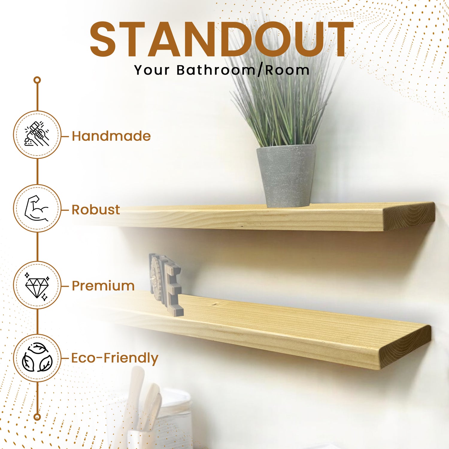 Set of 2 Rustic Shelves | Wall-Mounted Wooden Board With Floating Brackets, 22cm Depth