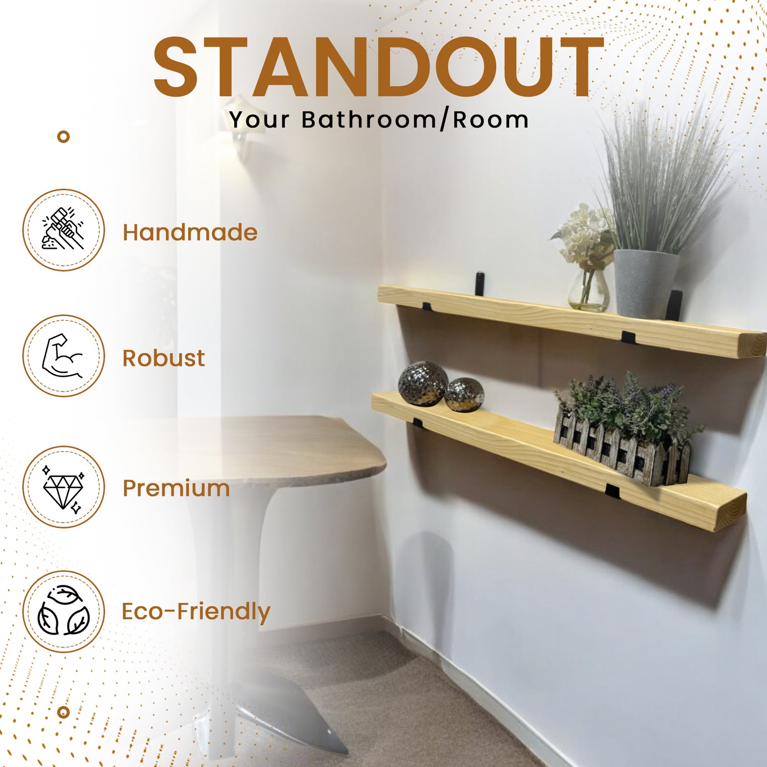 Rustic Shelf | Wall-Mounted Wooden Board With UP Brackets, 15cm Depth