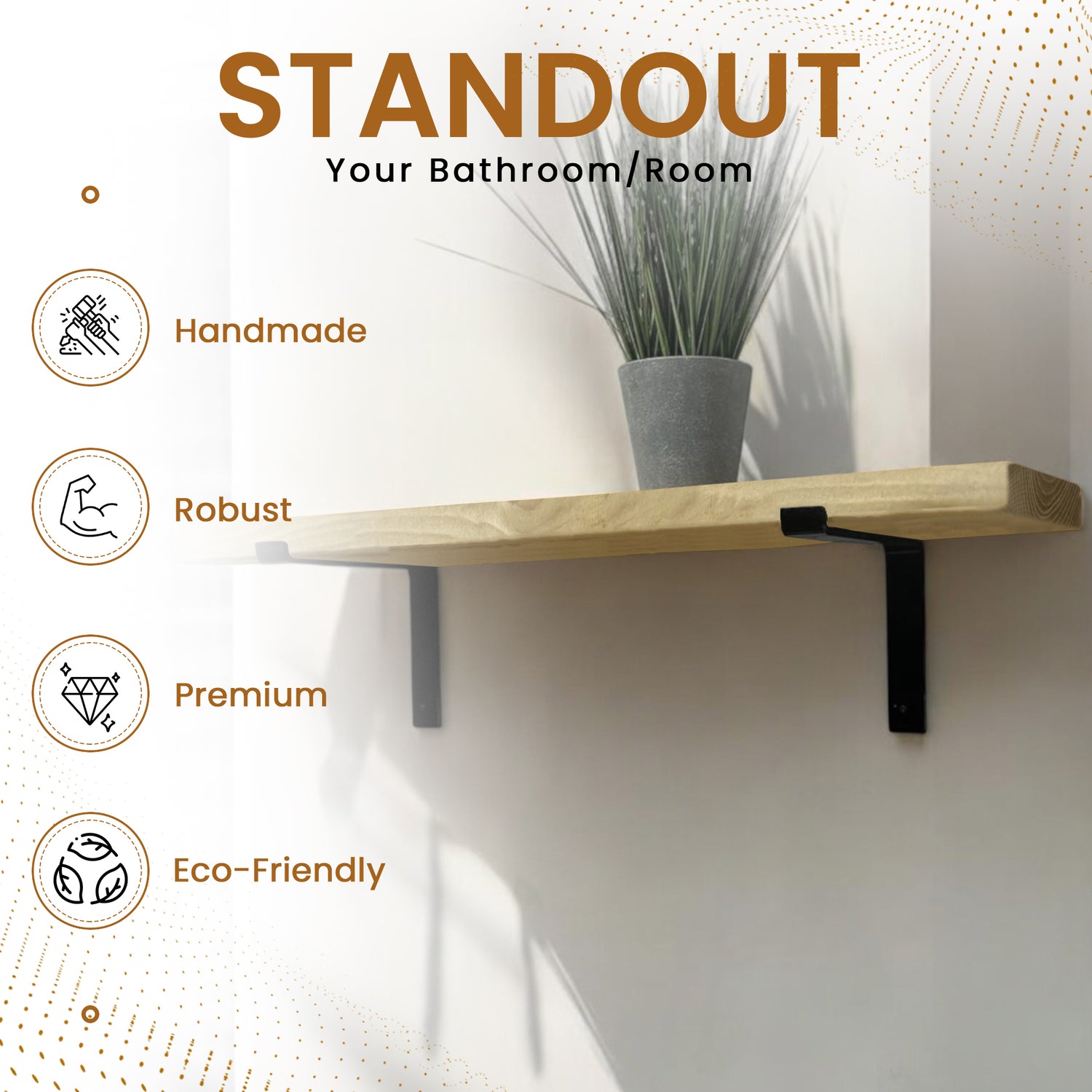 Rustic Shelf | Wall-Mounted Wooden Board With DOWN Brackets, 22cm Depth