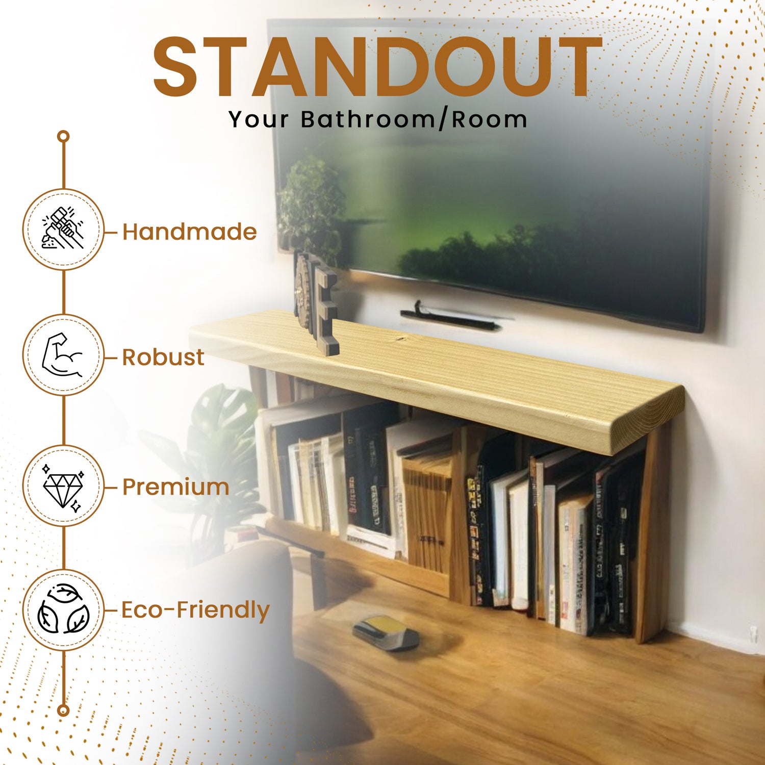 Rustic Shelf | Wall-Mounted Wooden Board With FLOATING Brackets, 22cm Depth