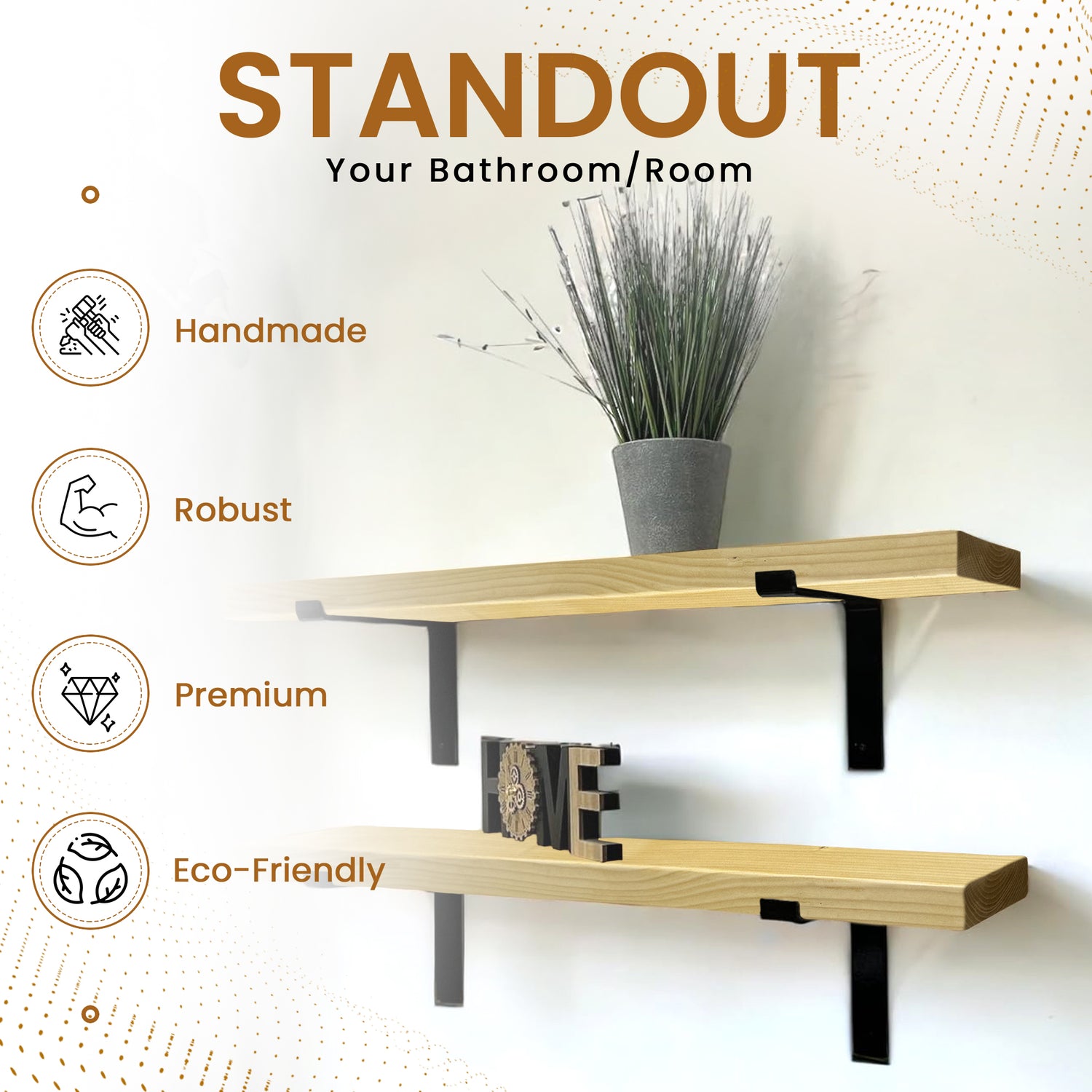 Set of 2 Rustic Shelves | Wall-Mounted Wooden Board With Lipped DOWN Brackets, 22cm Depth