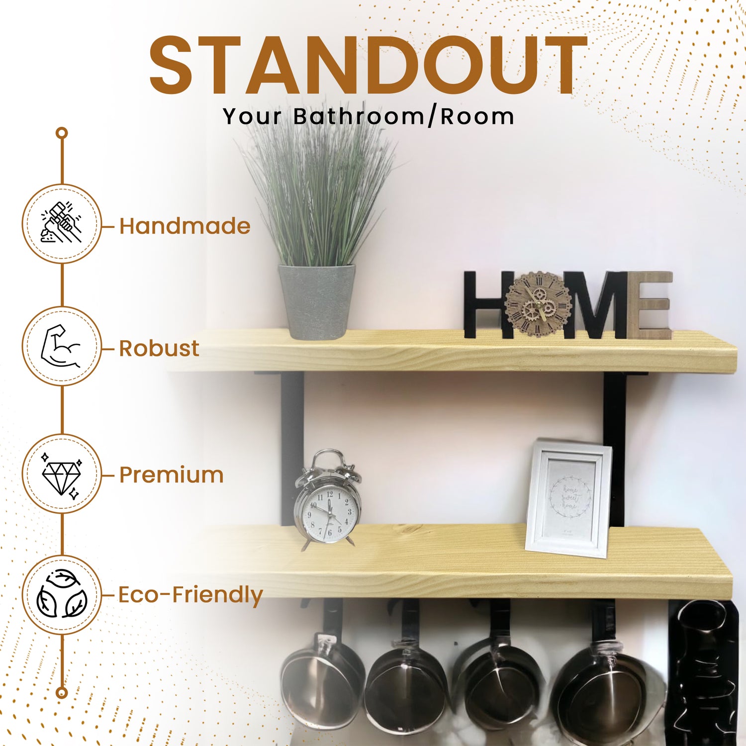 Set of 2 Rustic Shelves | Wall-Mounted Wooden Board With Double Brackets, 22cm Depth