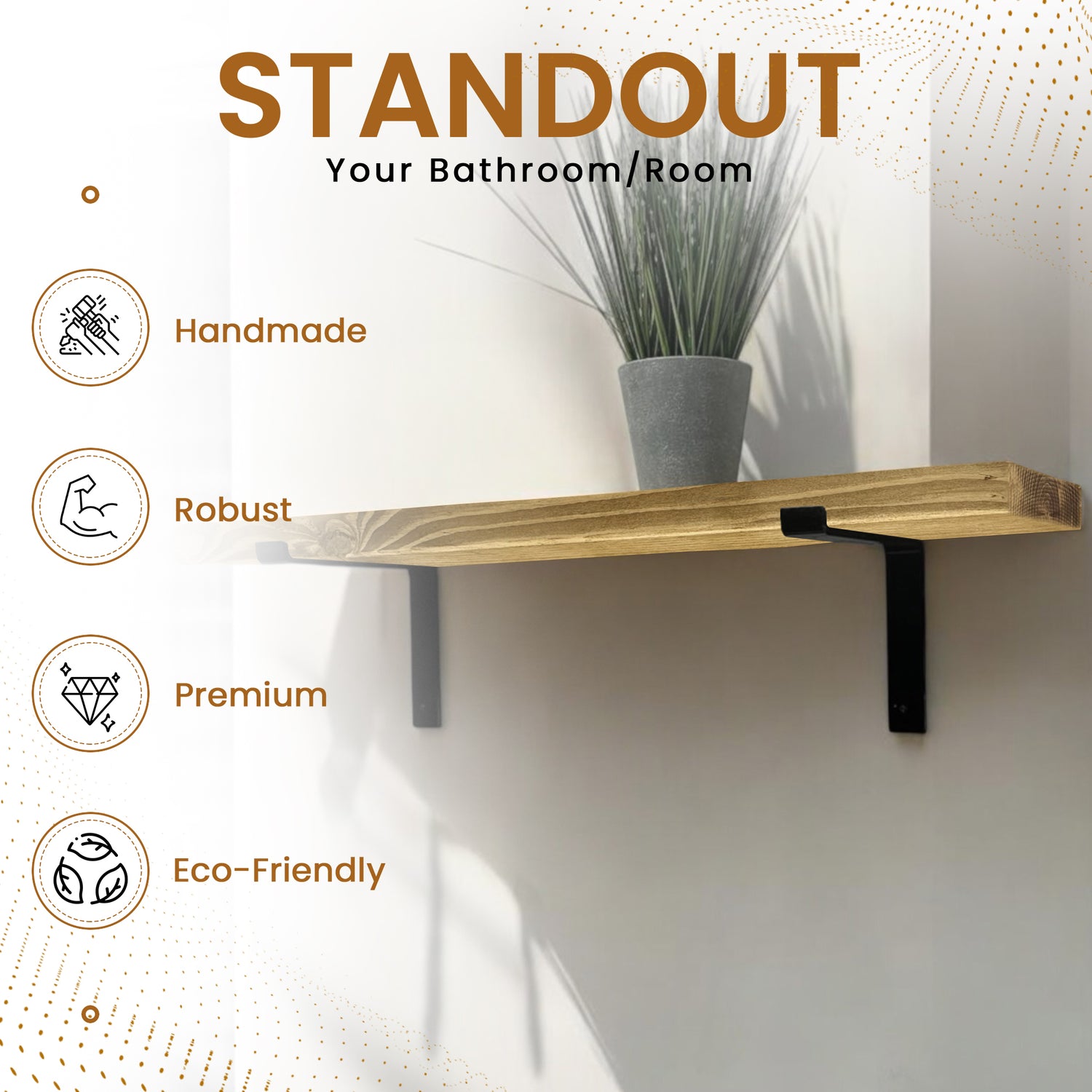 Rustic Shelf | Wall-Mounted Wooden Board With DOWN Brackets, 22cm Depth