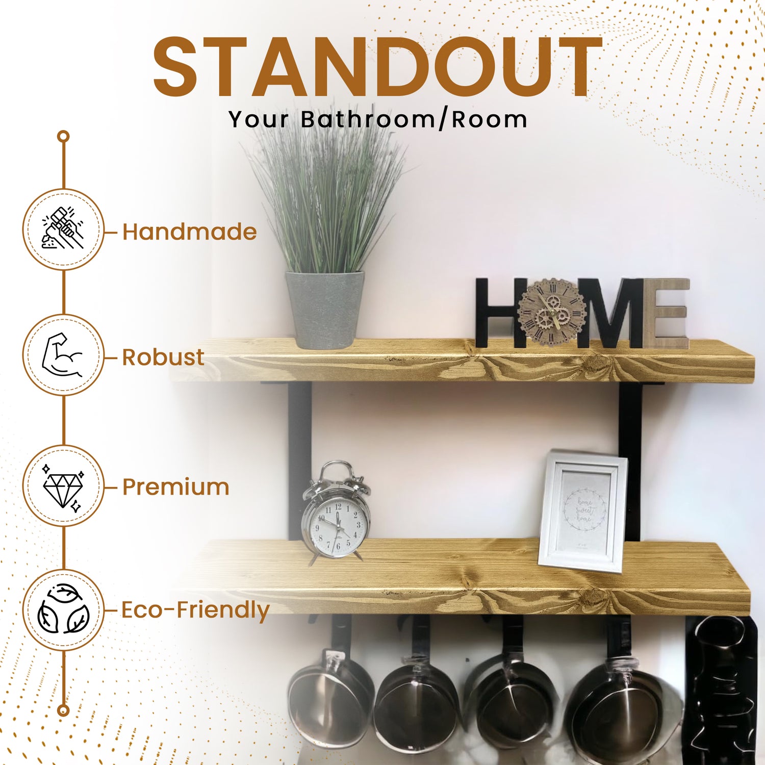 Set of 2 Rustic Shelves | Wall-Mounted Wooden Board With Double Brackets, 22cm Depth