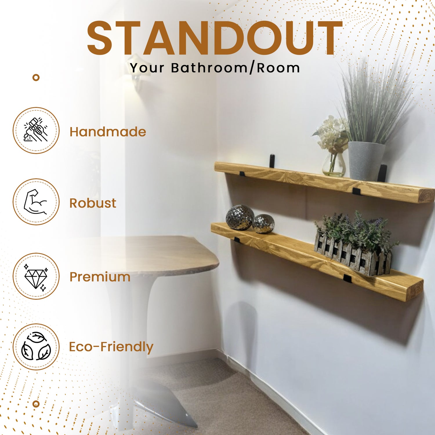 Rustic Shelf | Wall-Mounted Wooden Board With UP Brackets, 15cm Depth