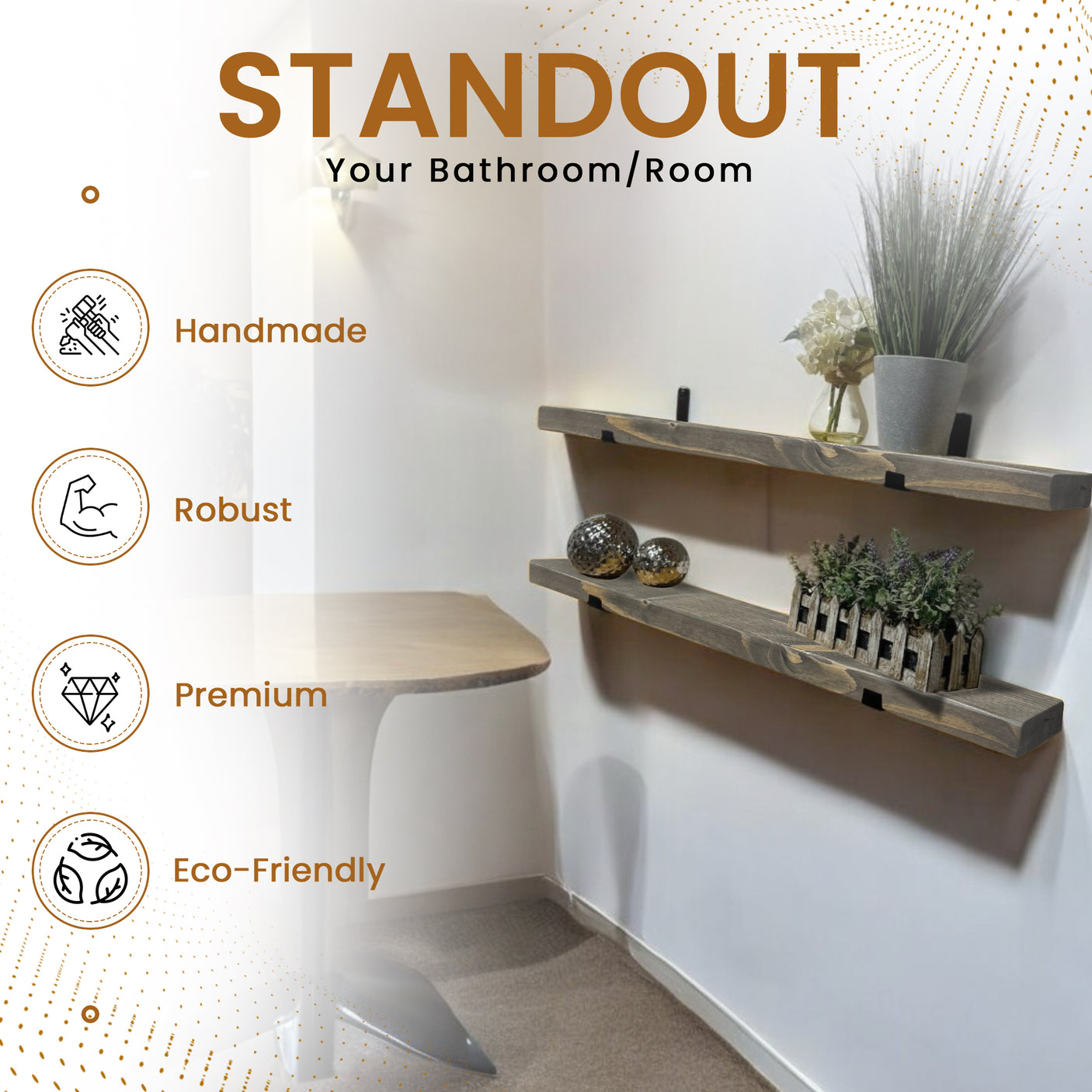 Rustic Shelf | Wall-Mounted Wooden Board With UP Brackets, 15cm Depth