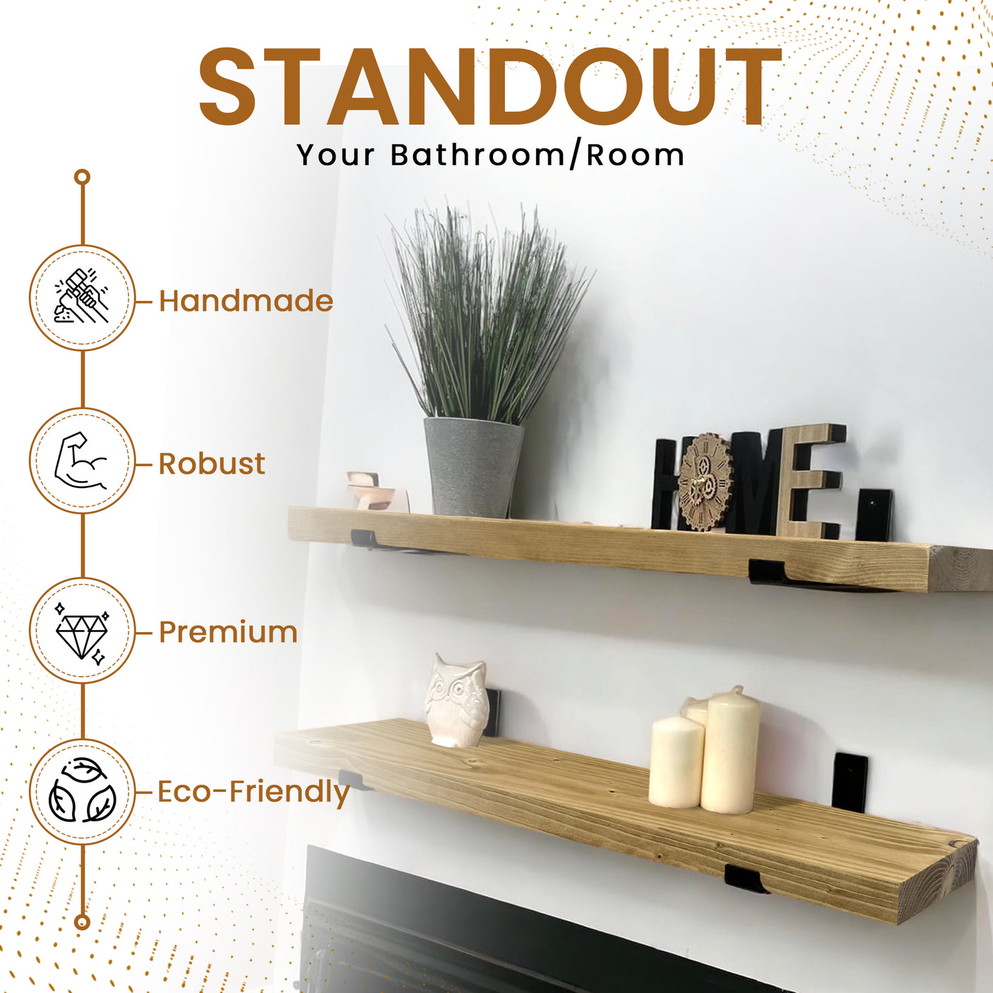 Rustic Shelves | Wall-Mounted Wooden Board With Lipped UP Brackets, 22cm Depth