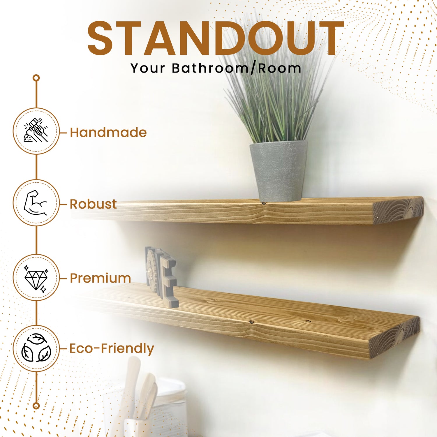 Set of 2 Rustic Shelves | Wall-Mounted Wooden Board With Floating Brackets, 22cm Depth