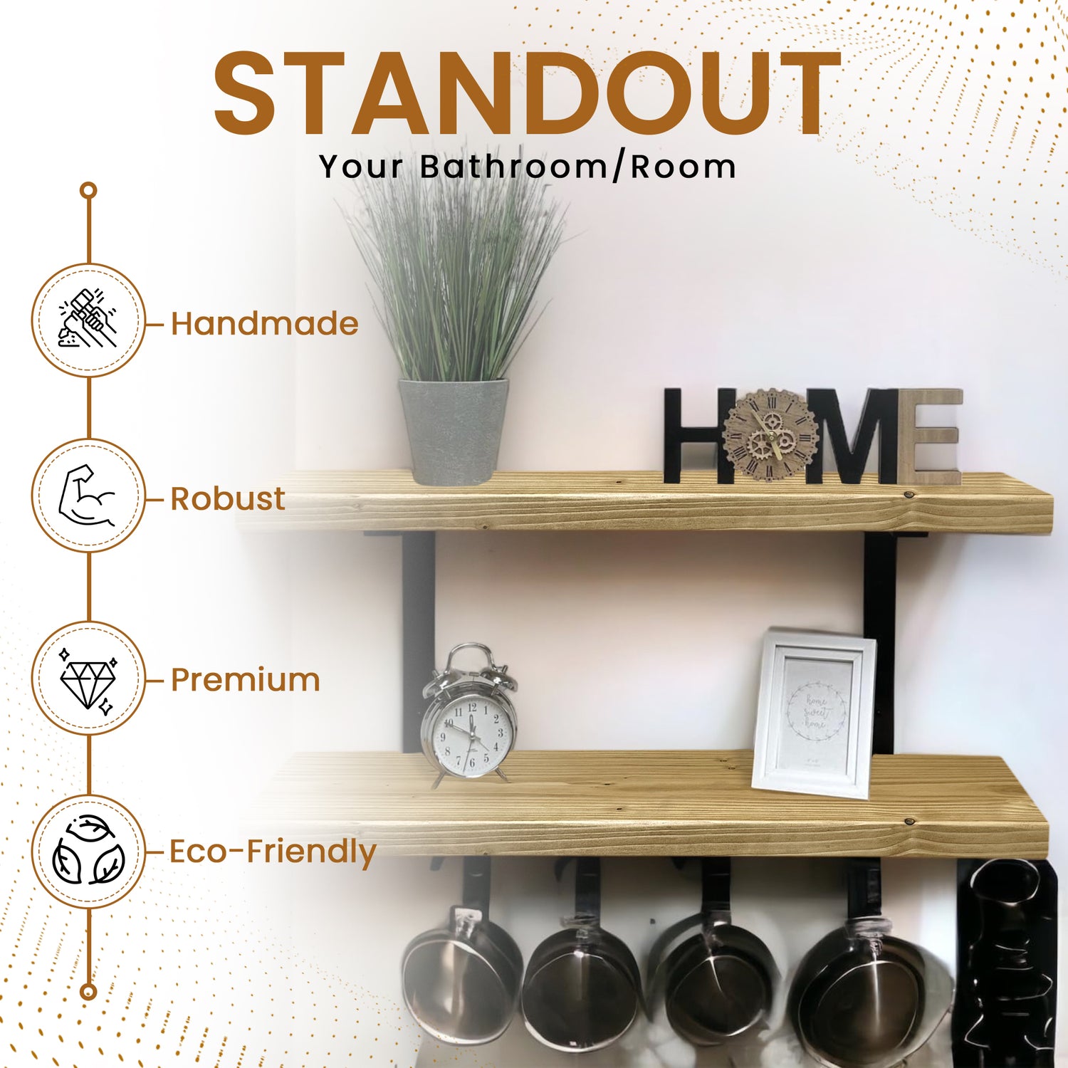 Set of 2 Rustic Shelves | Wall-Mounted Wooden Board With Double Brackets, 22cm Depth