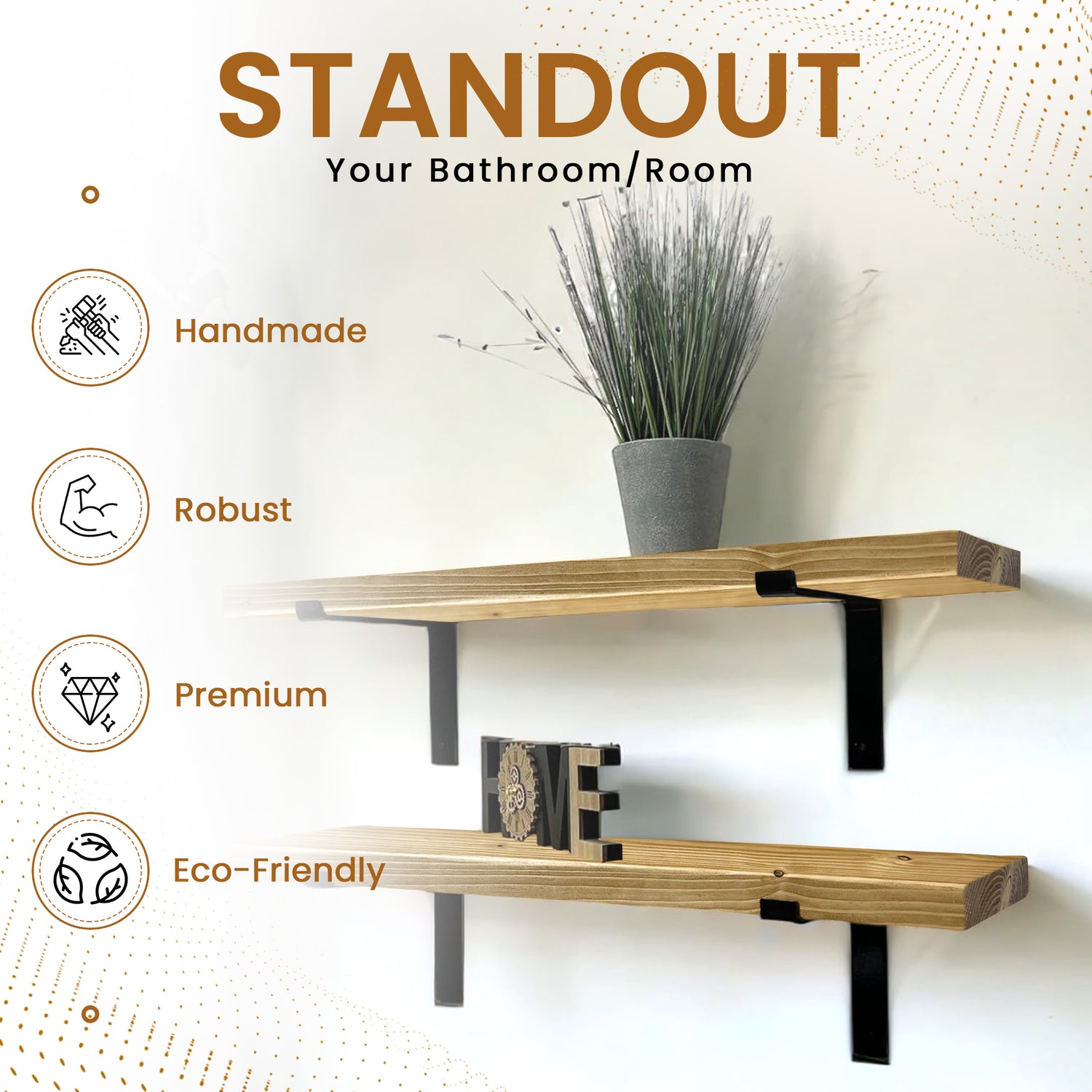 Set of 2 Rustic Shelves | Wall-Mounted Wooden Board With Lipped DOWN Brackets, 22cm Depth