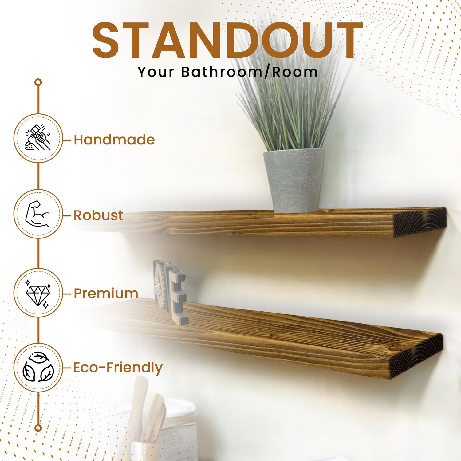 Set of 2 Rustic Shelves | Wall-Mounted Wooden Board With Floating Brackets, 22cm Depth