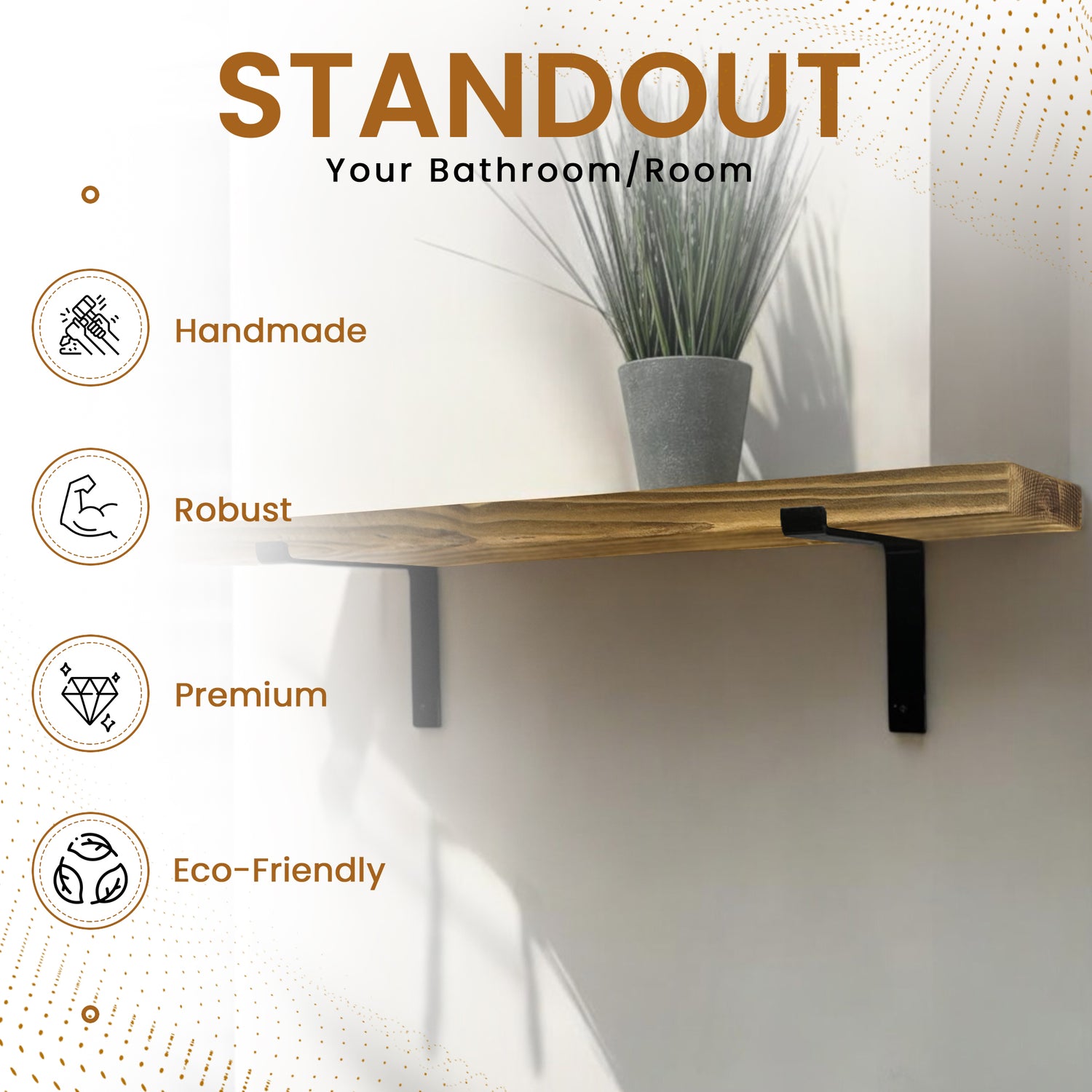 Rustic Shelf | Wall-Mounted Wooden Board With DOWN Brackets, 22cm Depth