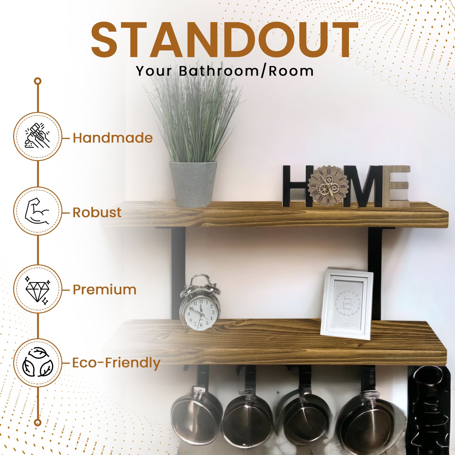 Set of 2 Rustic Shelves | Wall-Mounted Wooden Board With Double Brackets, 22cm Depth