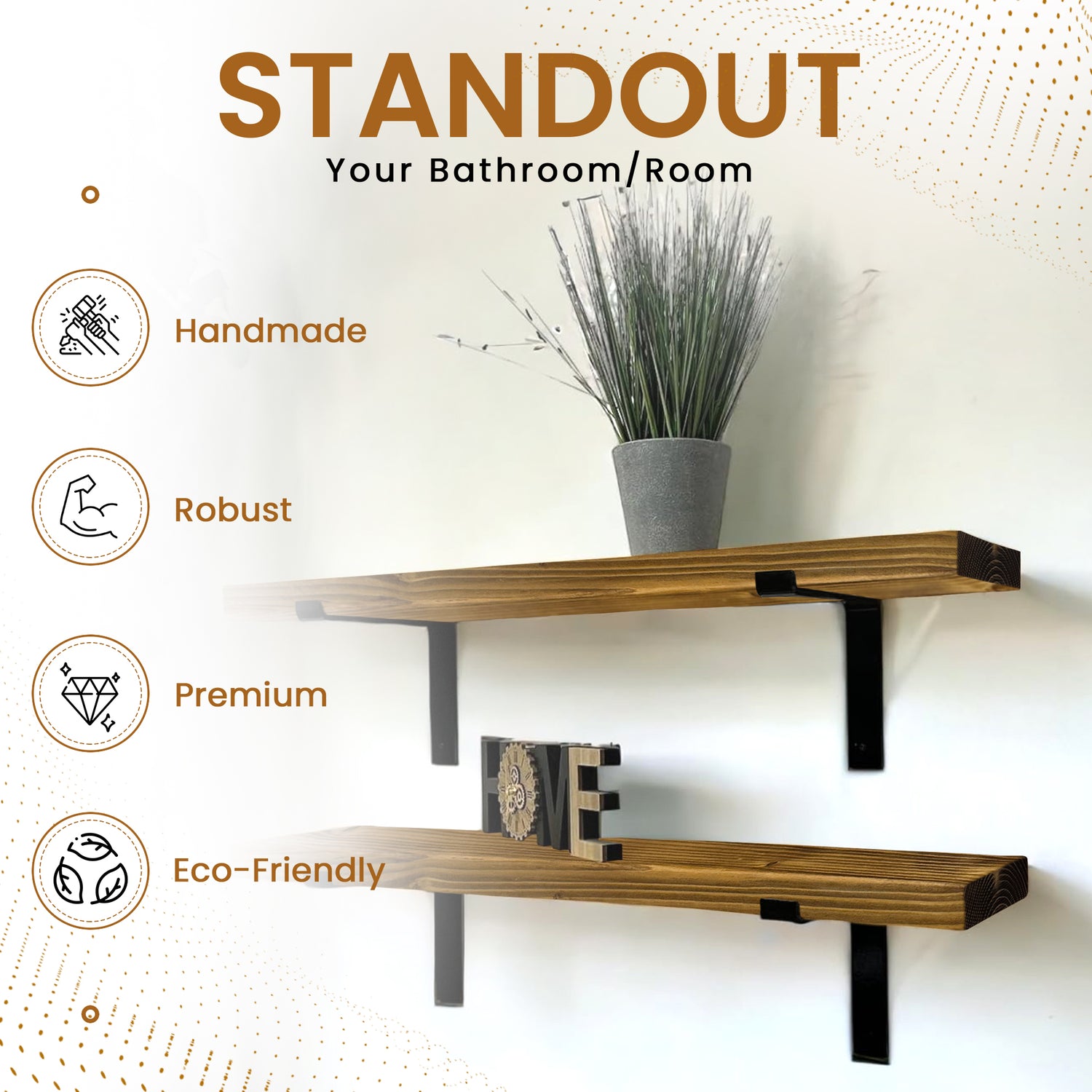 Set of 2 Rustic Shelves | Wall-Mounted Wooden Board With Lipped DOWN Brackets, 22cm Depth