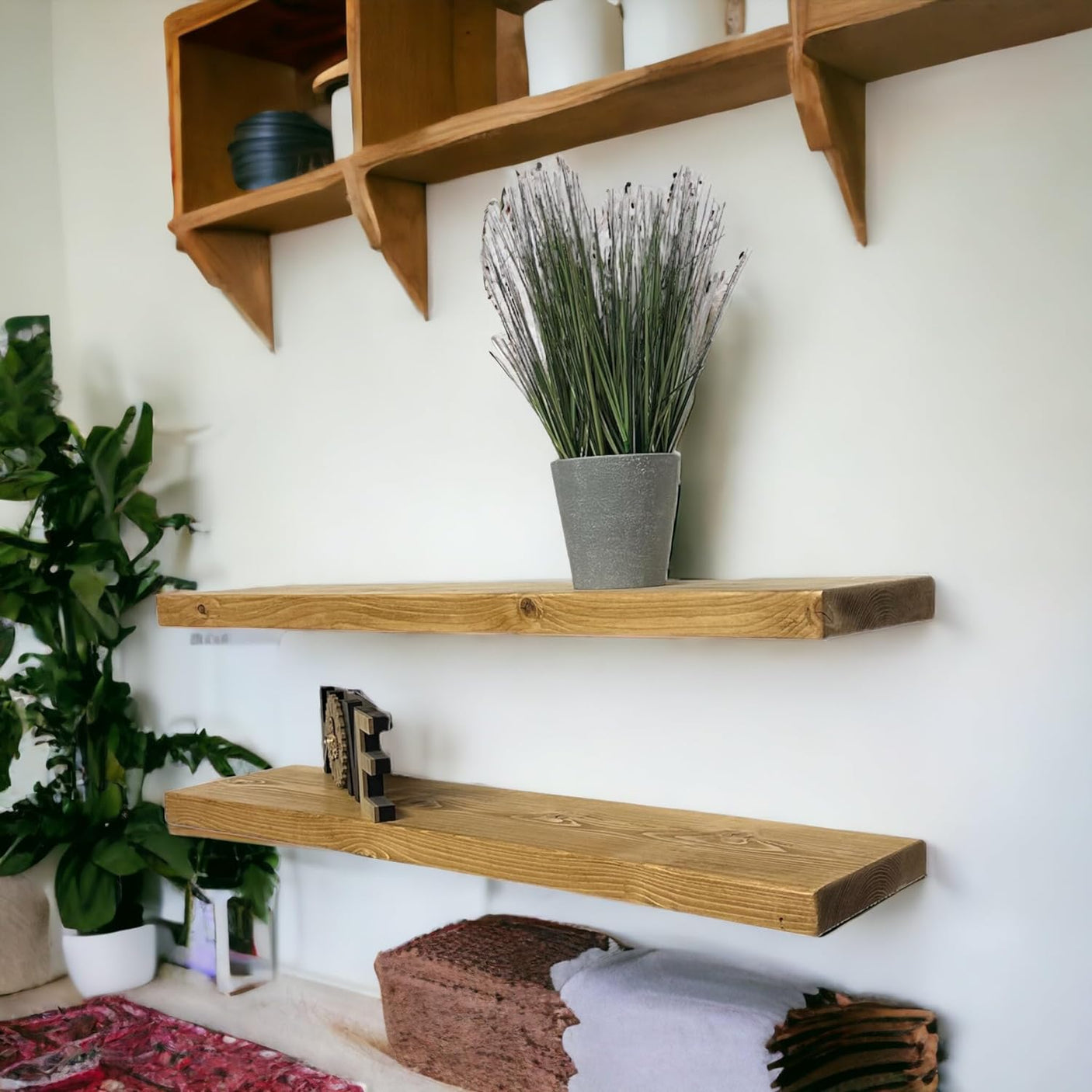 Rustic Shelf | Wall-Mounted Wooden Board With FLOATING Brackets, 22cm Depth