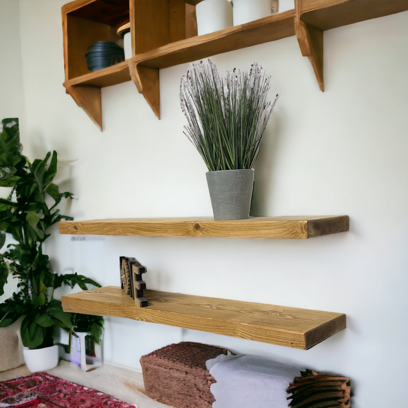 Rustic Shelves | Wall-Mounted Wooden Board With Floating Brackets, 22cm Depth