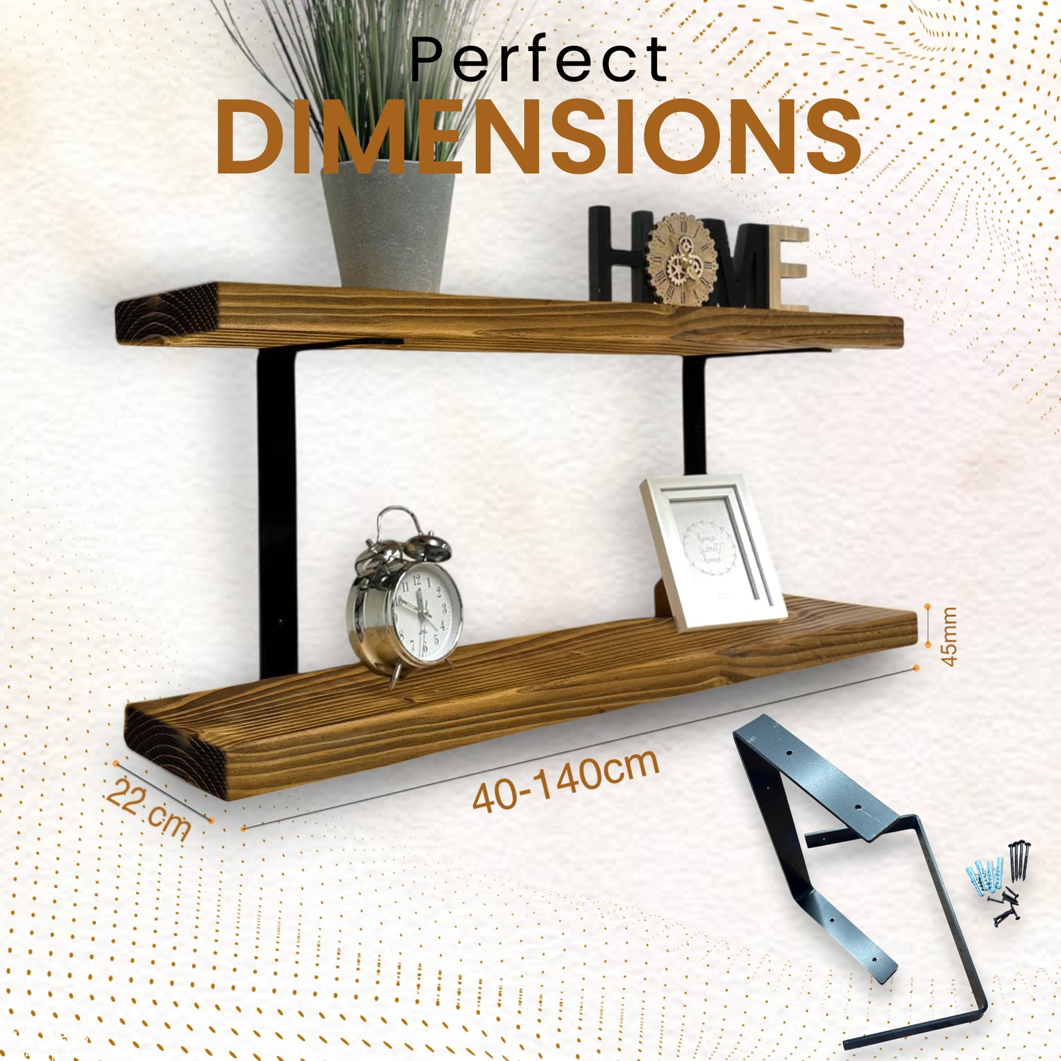 Set of 2 Rustic Shelves | Wall-Mounted Wooden Board With Double Brackets, 22cm Depth