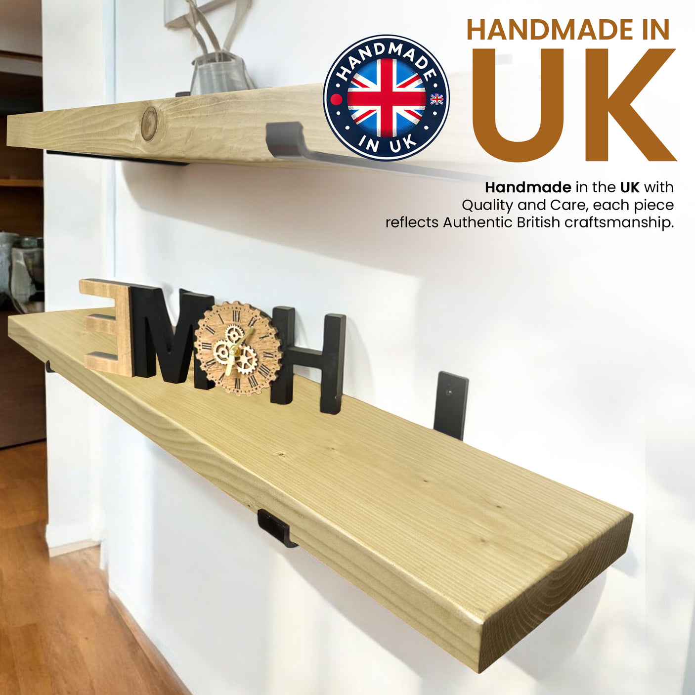 Rustic Shelf | Wall-Mounted Wooden Board With UP Brackets, 22cm Depth