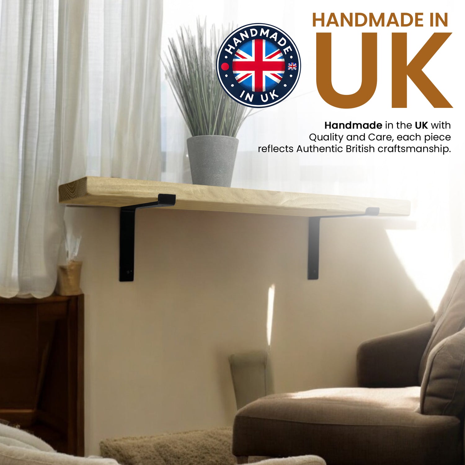 Set of 2 Rustic Shelves | Wall-Mounted Wooden Board With Lipped DOWN Brackets, 22cm Depth