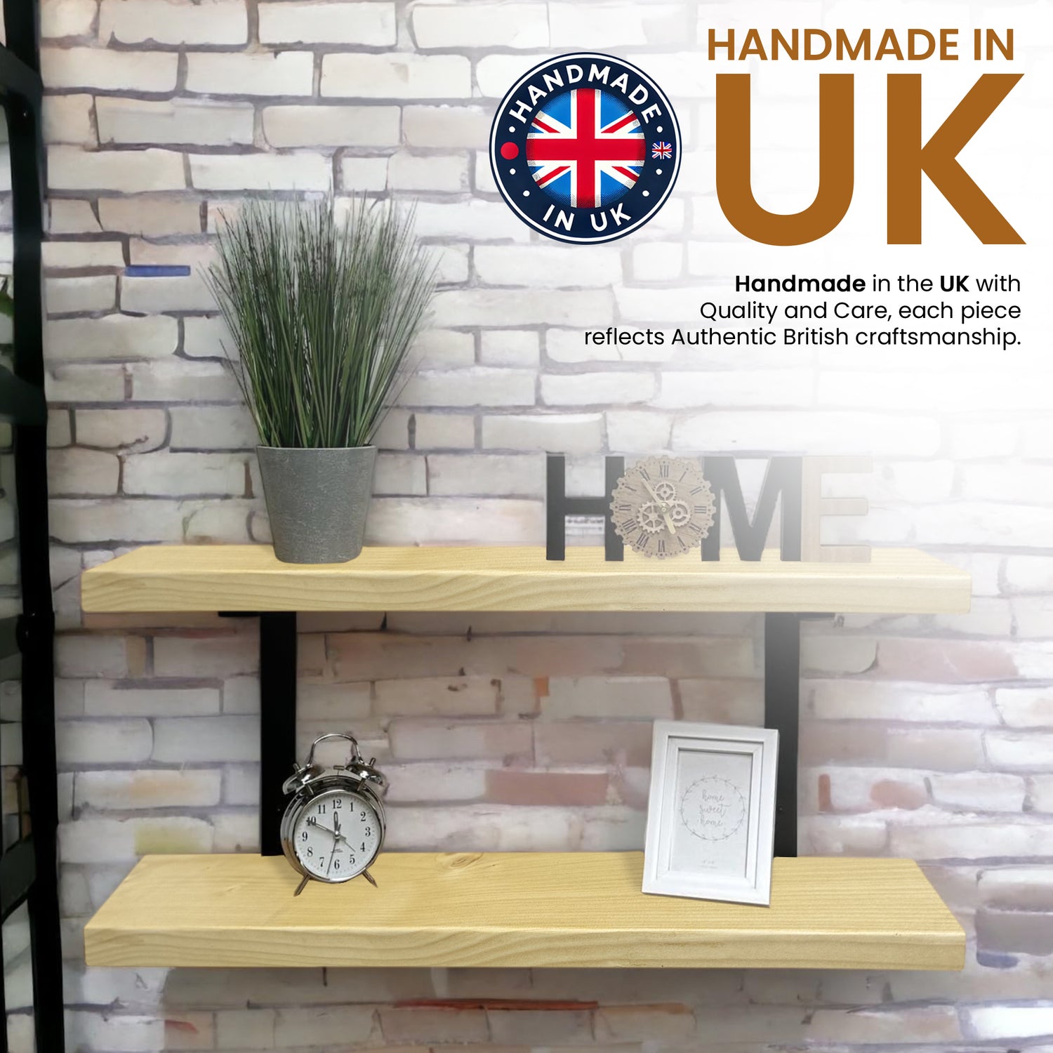 Set of 2 Rustic Shelves | Wall-Mounted Wooden Board With Double Brackets, 22cm Depth