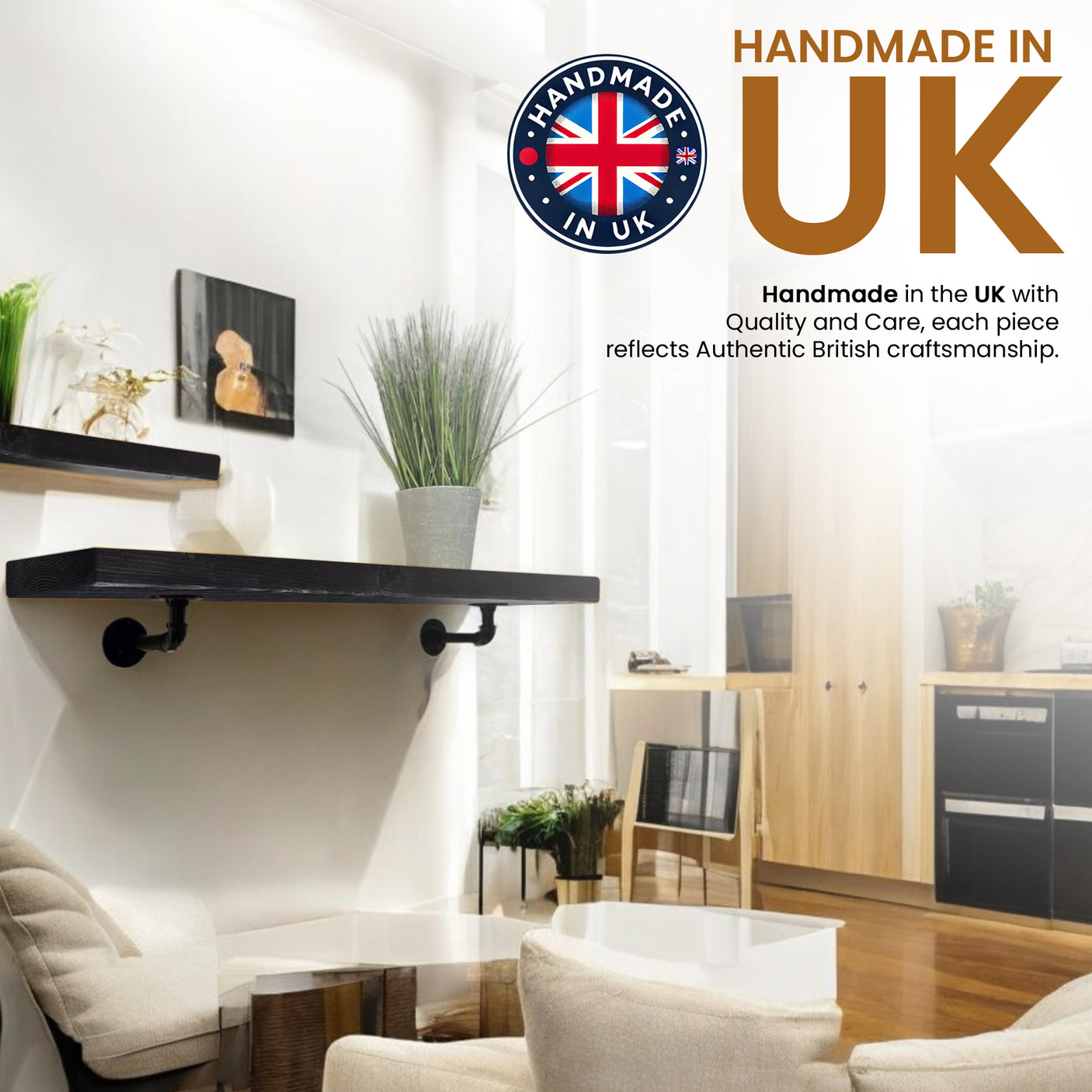 Rustic Shelf | Wall-Mounted Wooden Board With PIPE Brackets, 22cm Depth