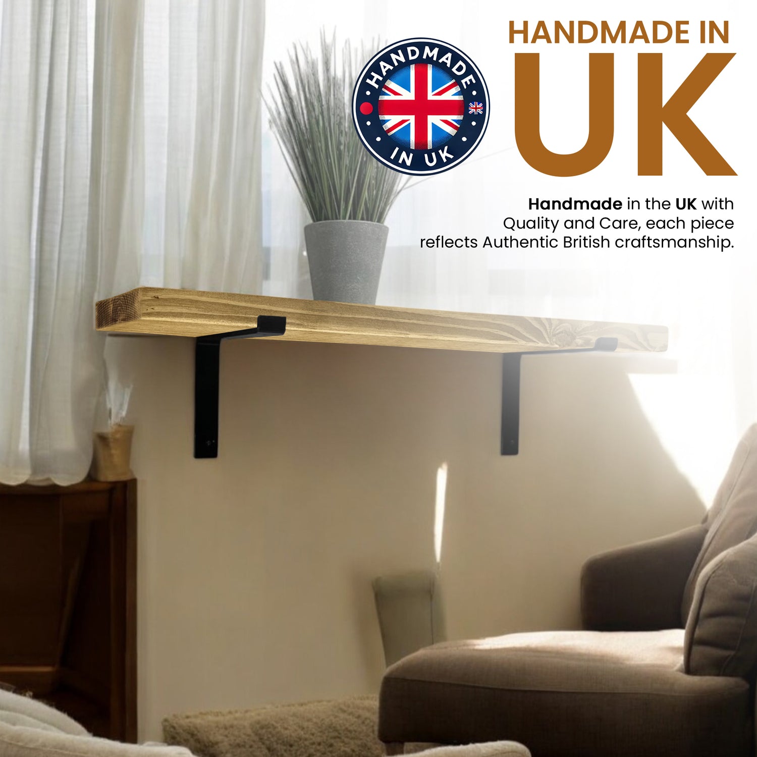 Rustic Shelf | Wall-Mounted Wooden Board With DOWN Brackets, 22cm Depth